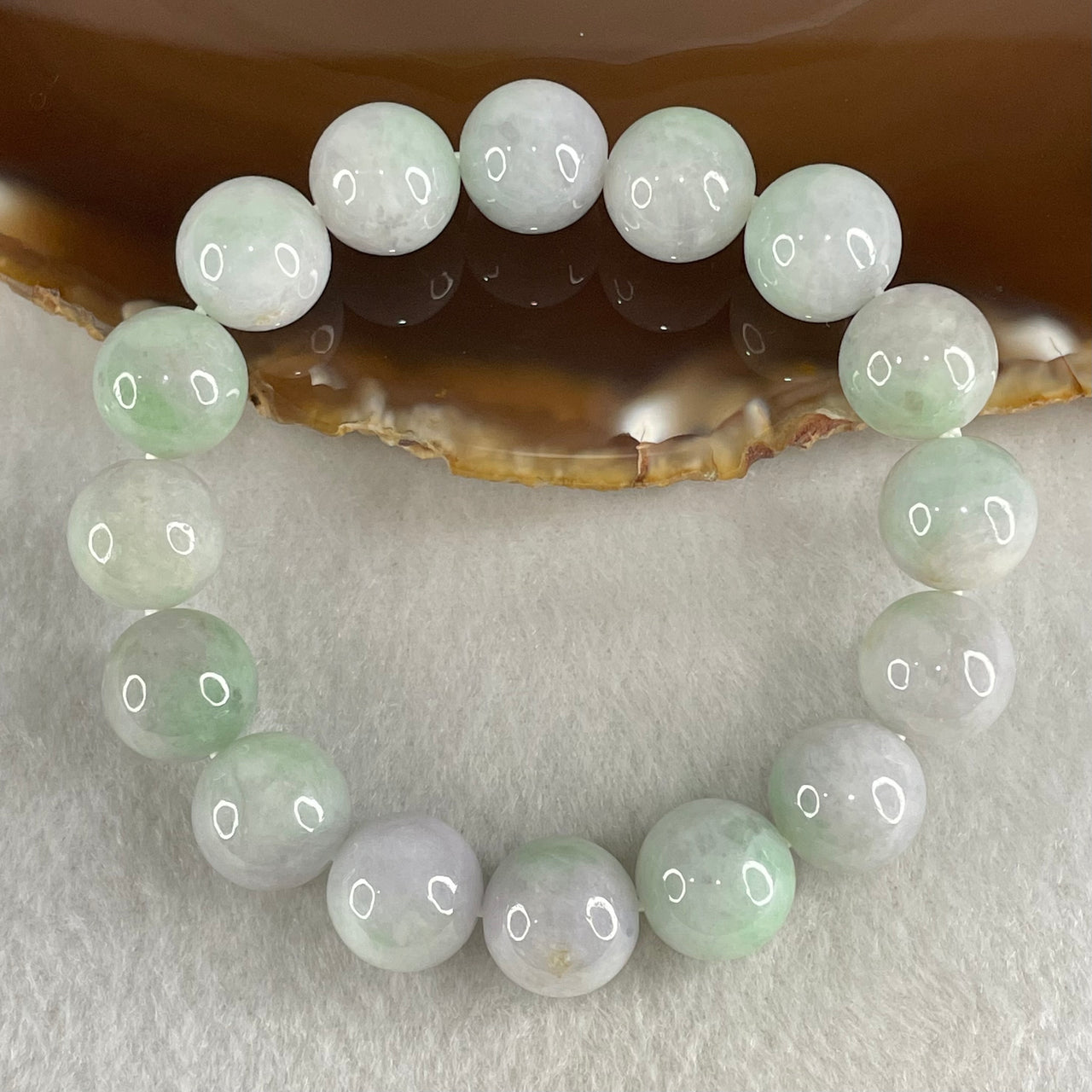 Type A Light Green with Slight Light Lavender Jadeite Beads Bracelet 47.81g 15cm 12.2mm 16 Beads - Huangs Jadeite and Jewelry Pte Ltd