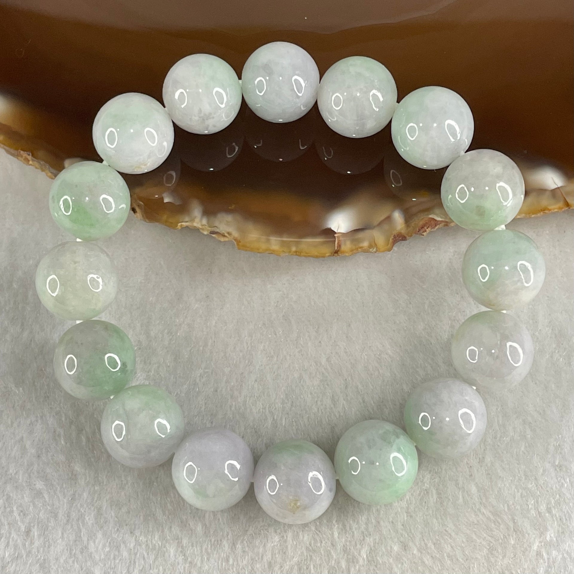 Type A Light Green with Slight Light Lavender Jadeite Beads Bracelet 47.81g 15cm 12.2mm 16 Beads - Huangs Jadeite and Jewelry Pte Ltd
