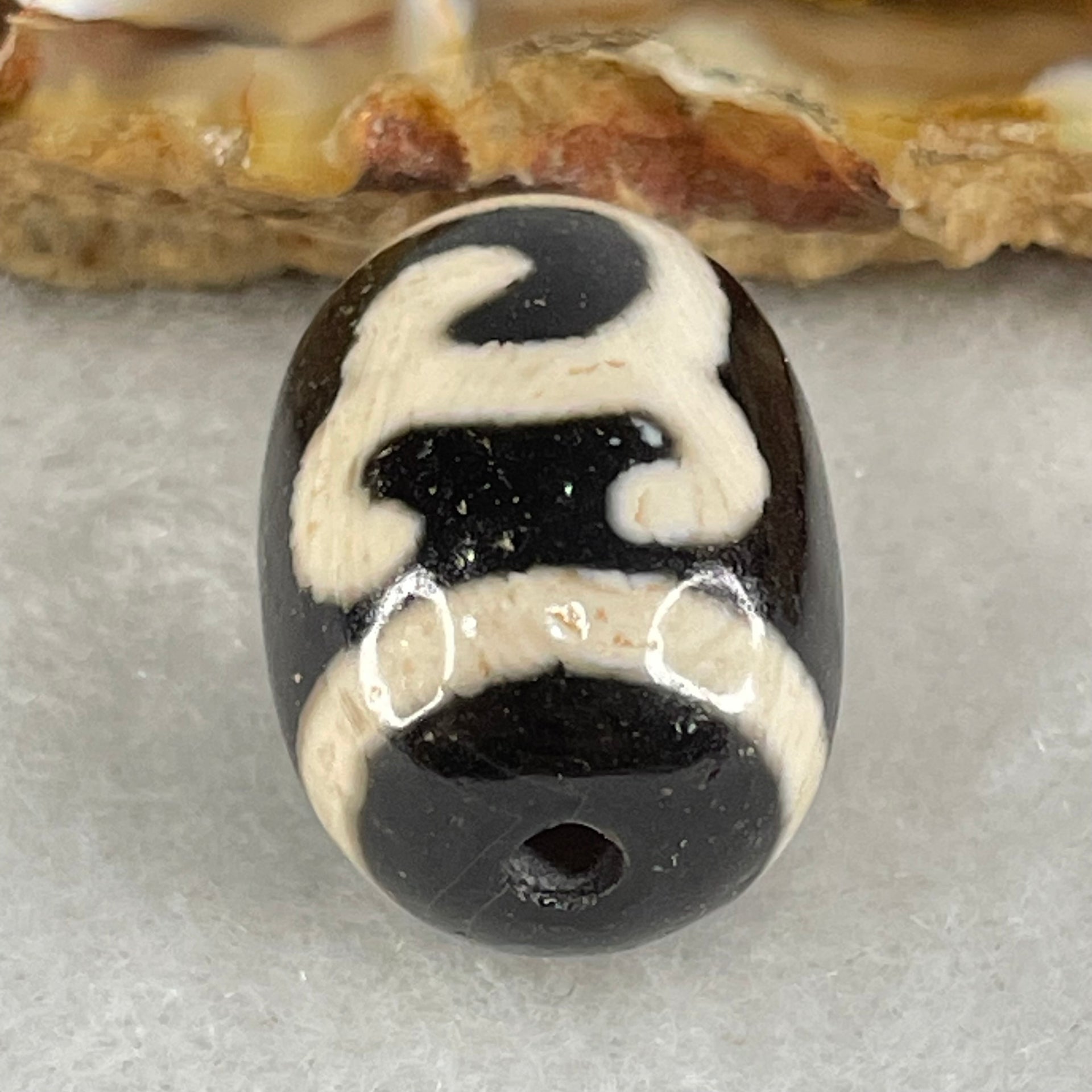 Natural Powerful Tibetan Old Oily Black White Agate Green Tara Dzi Bead Heavenly Master (Tian Zhu) 绿度母天珠 4.82g 17.5 by 13.2mm - Huangs Jadeite and Jewelry Pte Ltd