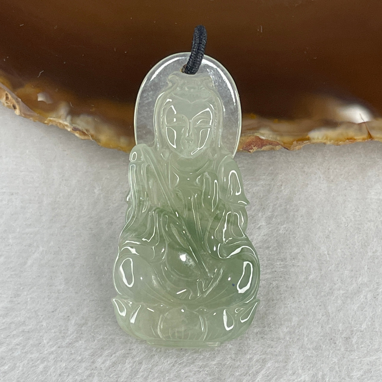 Natural Type A Icy Faint Green with Green Piao Hua Jadeite Guan Yin on Lotus Flower Pendant 16.91g 52.0 by 26.3 by 7.6mm