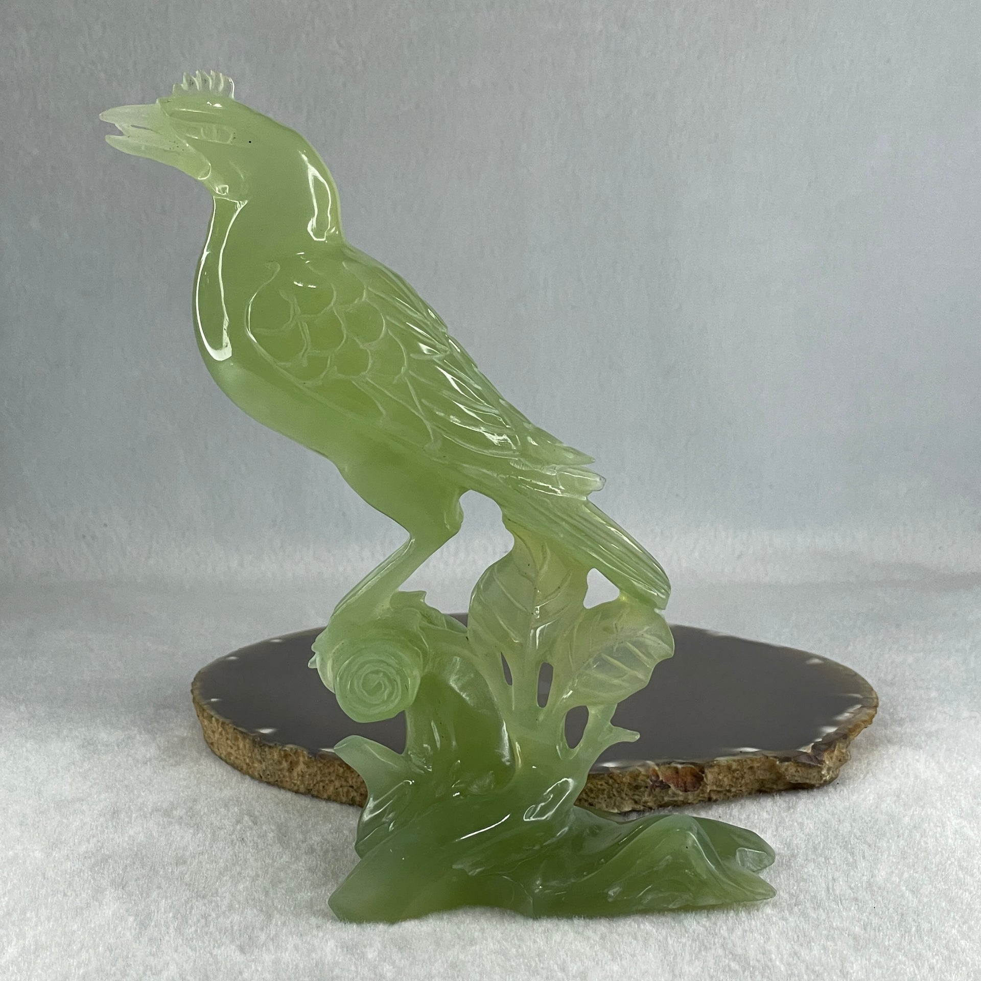 Natural Green Serpentine Bird on Plant with Wooden Stand Display 412.0g 135.0 by 96.0 by 190.0mm - Huangs Jadeite and Jewelry Pte Ltd