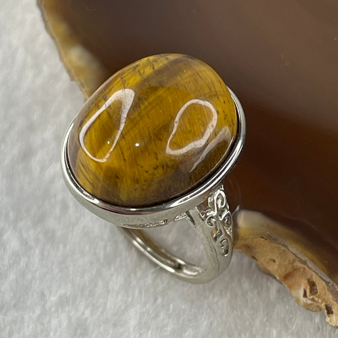 Natural Yellow Tiger's Eye Quartz in S925 Sliver Ring (Adjustable Size) 4.84g 17.4 by 13.6 by 7.5mm - Huangs Jadeite and Jewelry Pte Ltd