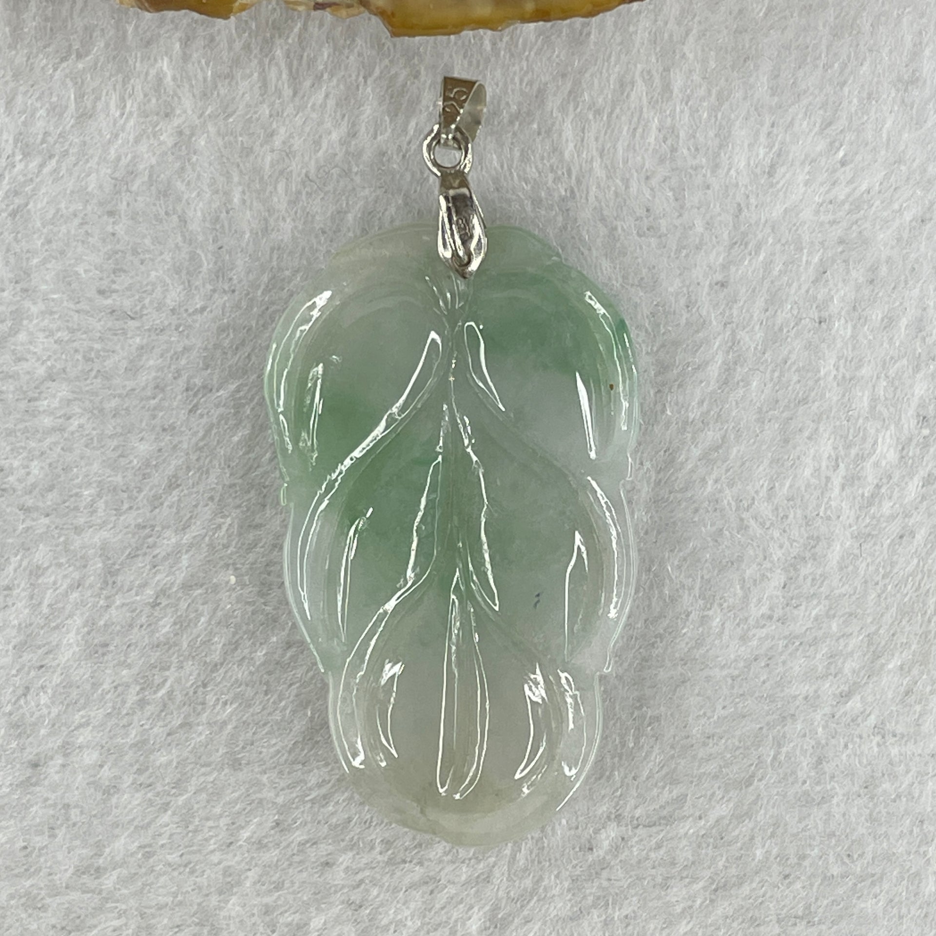 Natural Type A Semi Icy Faint Lavender Light Green Jadeite Prosperity Leaf Pendant in Silver Clasp Signifying Overnight Success 5.93g 39.4 by 23.6 by 3.7mm - Huangs Jadeite and Jewelry Pte Ltd