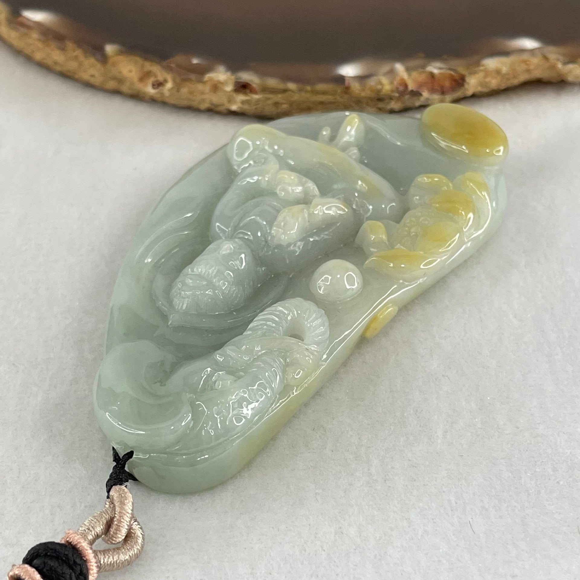 Type A Light Blueish Green with Yellow Jadeite Samantabhadra Bodhisattva Guan Yin on Elephant and Flower Pendant 93.42g 84.3 by 49.0 by 13.2mm - Huangs Jadeite and Jewelry Pte Ltd