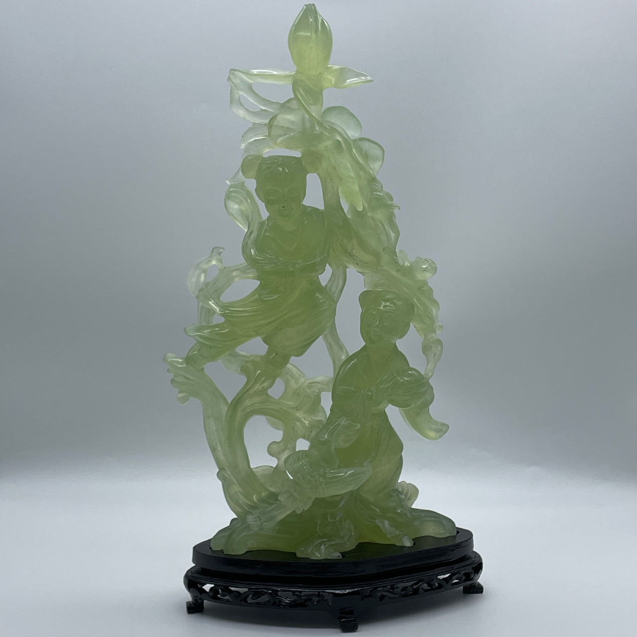 Natural Semi Icy Green Serpentine Twin Ne Zha with Lotus Flower and Bird with Wooden Stand Display 1,945.4g 190.0 by 120.0 by 375.0mm