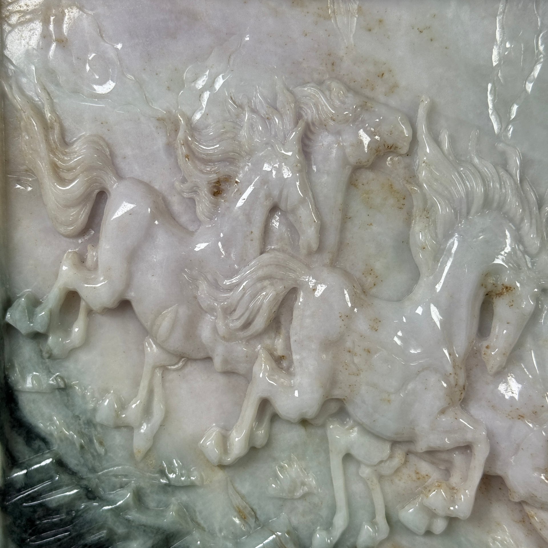 Natural Type A Light Green Light Lavender with Dark Green Patches Jadeite 8 Prosperity Horses with Wooden Stand Display 9,352.7g 275.0 by 100.0 by 360.0mm - Huangs Jadeite and Jewelry Pte Ltd