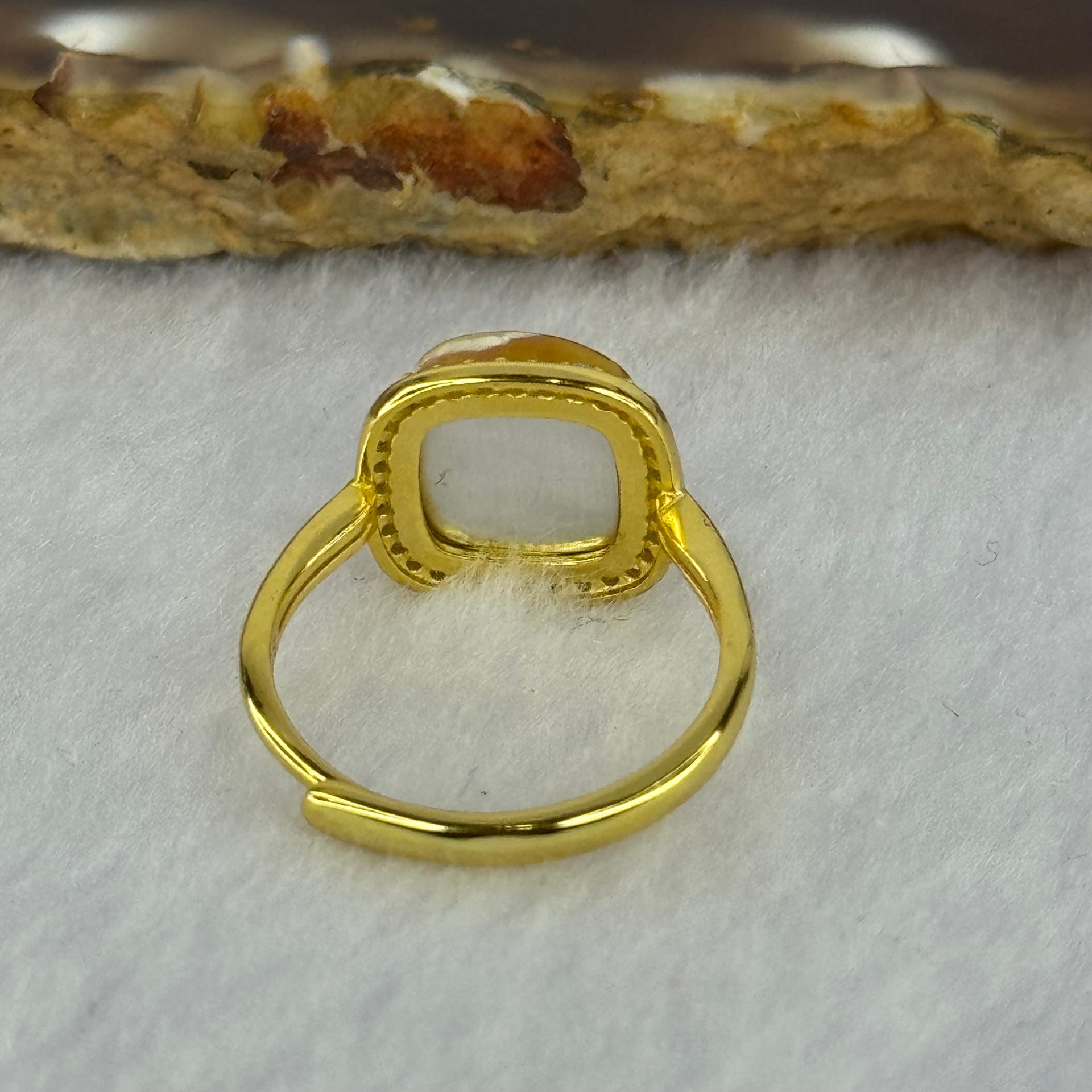 Natural Honey Yellow Amber with Milk Inclusions in S925 Sliver Gold Color Ring (Adjustable Size) 2.32g 9.7 by 9.0 by 4.0mm - Huangs Jadeite and Jewelry Pte Ltd