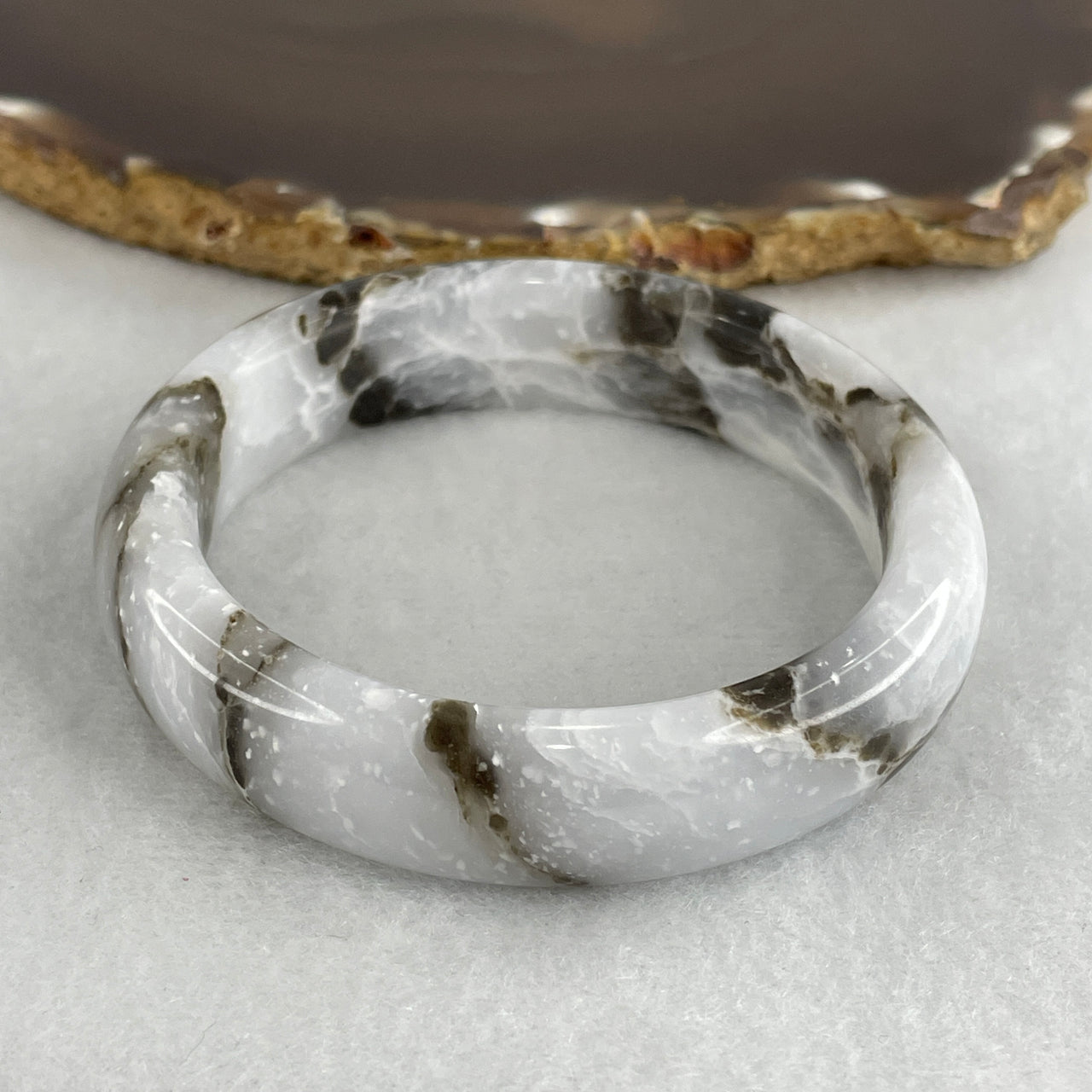 Natural White & Dark Brown Calcite Bangle |  Full-Eternity Armlet & Root-Crown Harmony Talisman (61.28g 14.7 by 8.6mm | 55.6mm Inner Diameter | Internal Line)