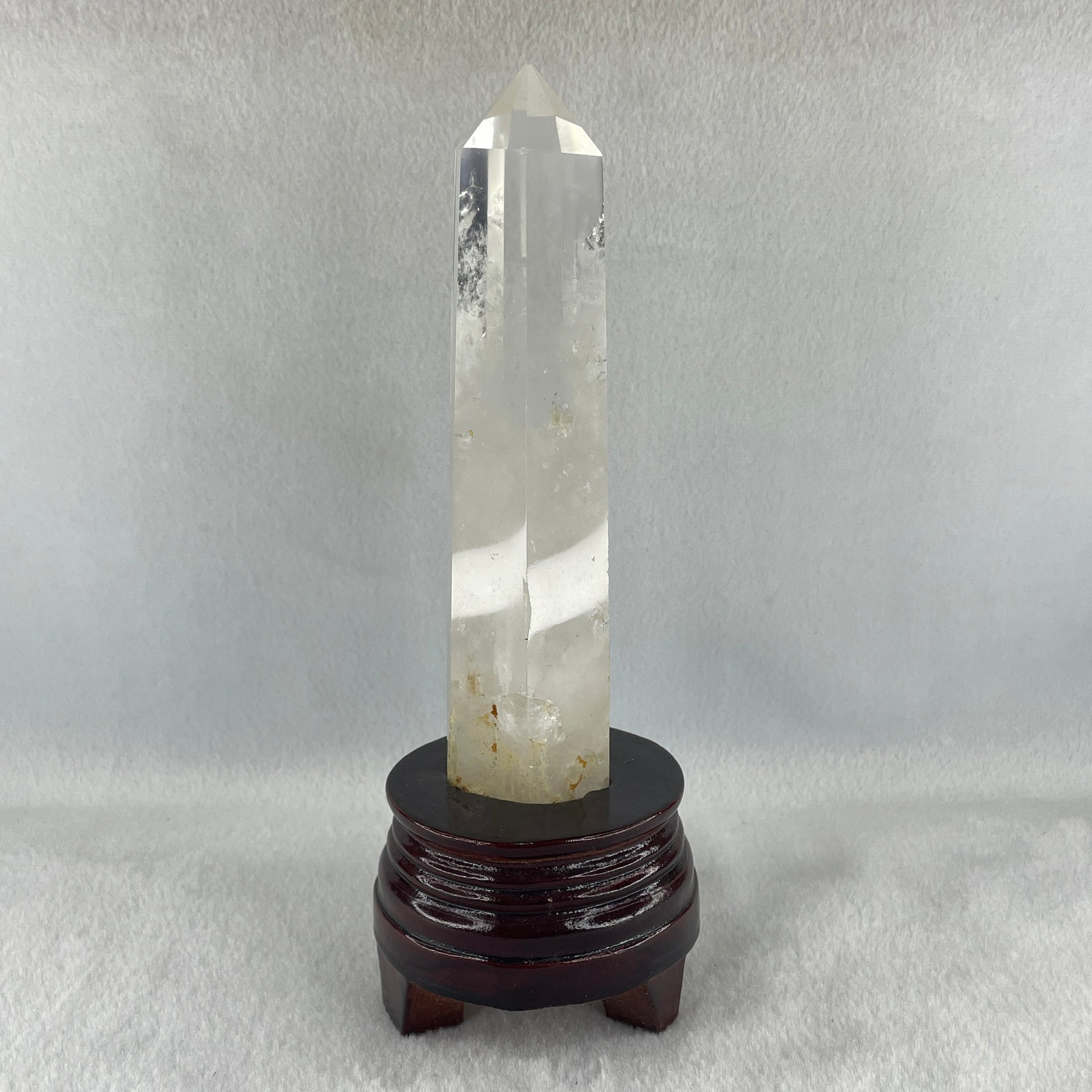 Natural Clear Quartz Tower with Wooden Stand 450.7g 80.1 by 75.9 by 210.0mm - Huangs Jadeite and Jewelry Pte Ltd