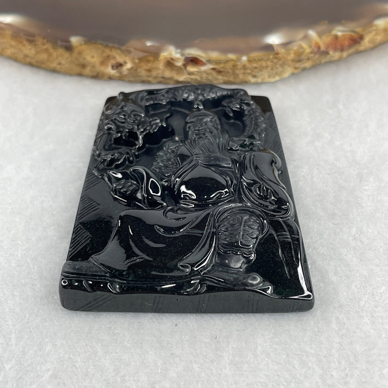 Certified Type A Opaque Black Omphacite Jadeite Guan Gong on Dragon Pendant | God of War & Wealth Protection Talisman (28.73g | 55.8 x 41.7 x 8.0mm)