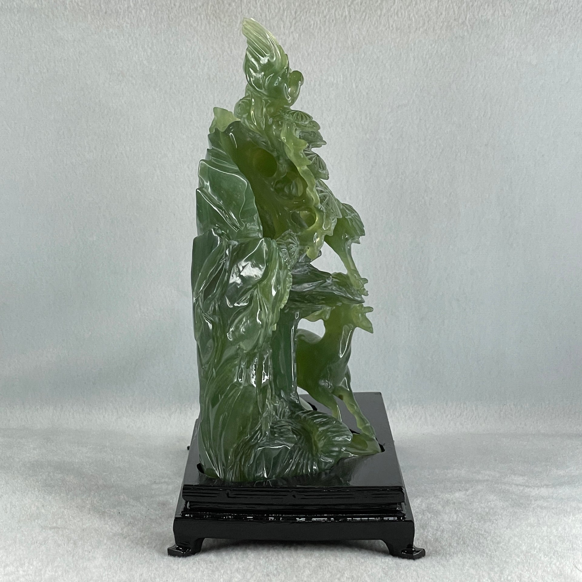Natural Icy Dark Green Serpentine Double Reindeers with Twin Cranes on Shan Shui with Wooden Stand Display 1,804.8g 210.0 by 109.0 by 228.0mm - Huangs Jadeite and Jewelry Pte Ltd