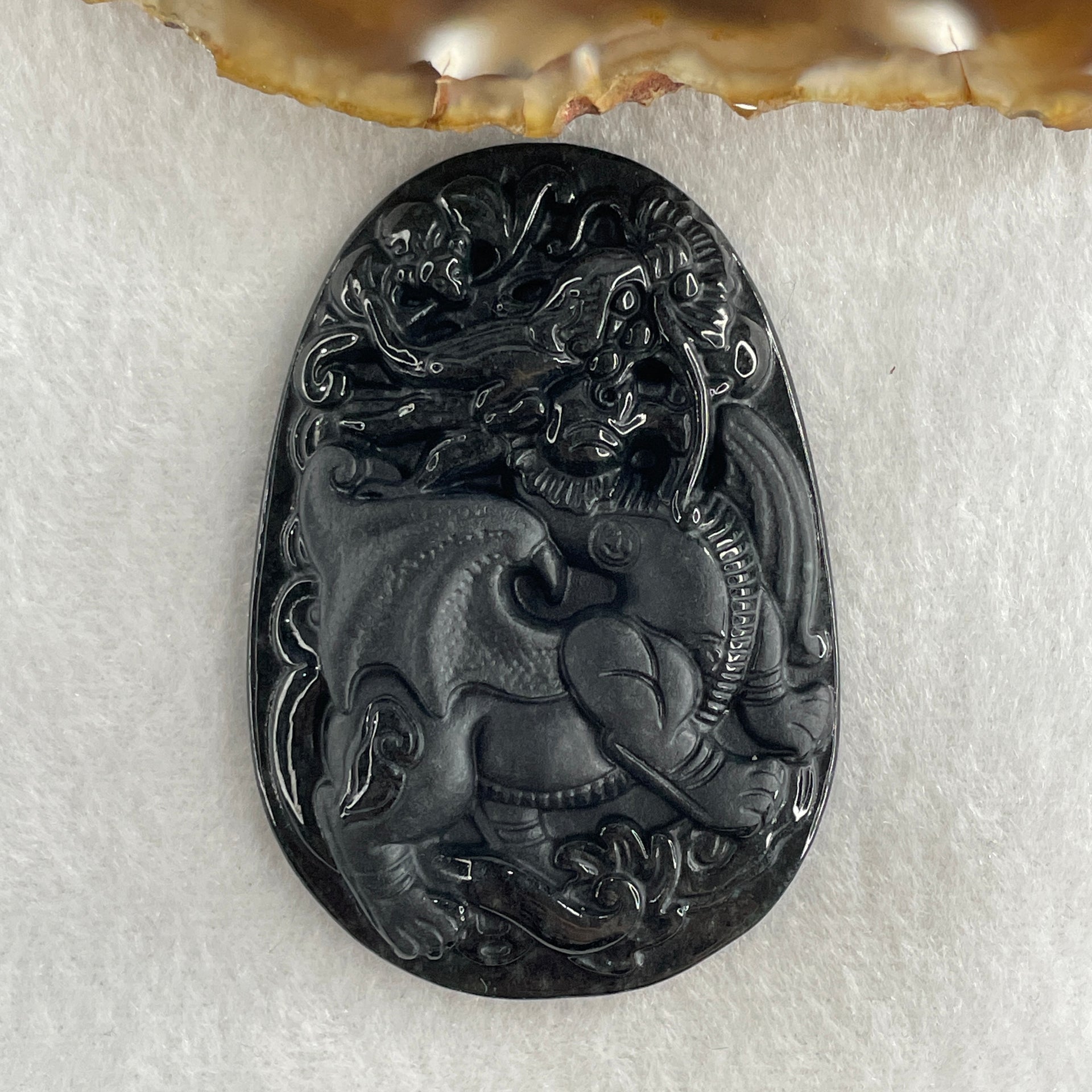 Type A Opaque to Partial Translucent Black Omphacite Jadeite Flying Pixiu Pendant 27.31g 61.2 by 42.5 by 9.3mm - Huangs Jadeite and Jewelry Pte Ltd