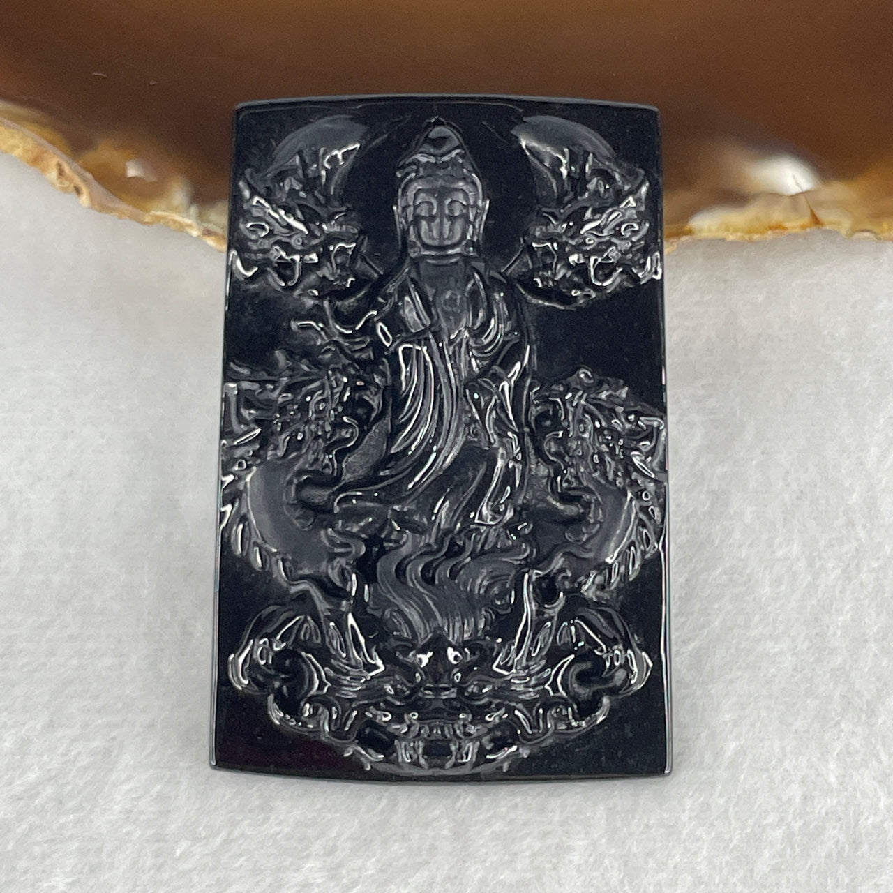 Fortune, Power and Protection - Certified Natural Type A Black Omphacite Jadeite Guan Yin with 5 Dragons Pendant 26.13g 60.4 by 39.5 by 8.8mm