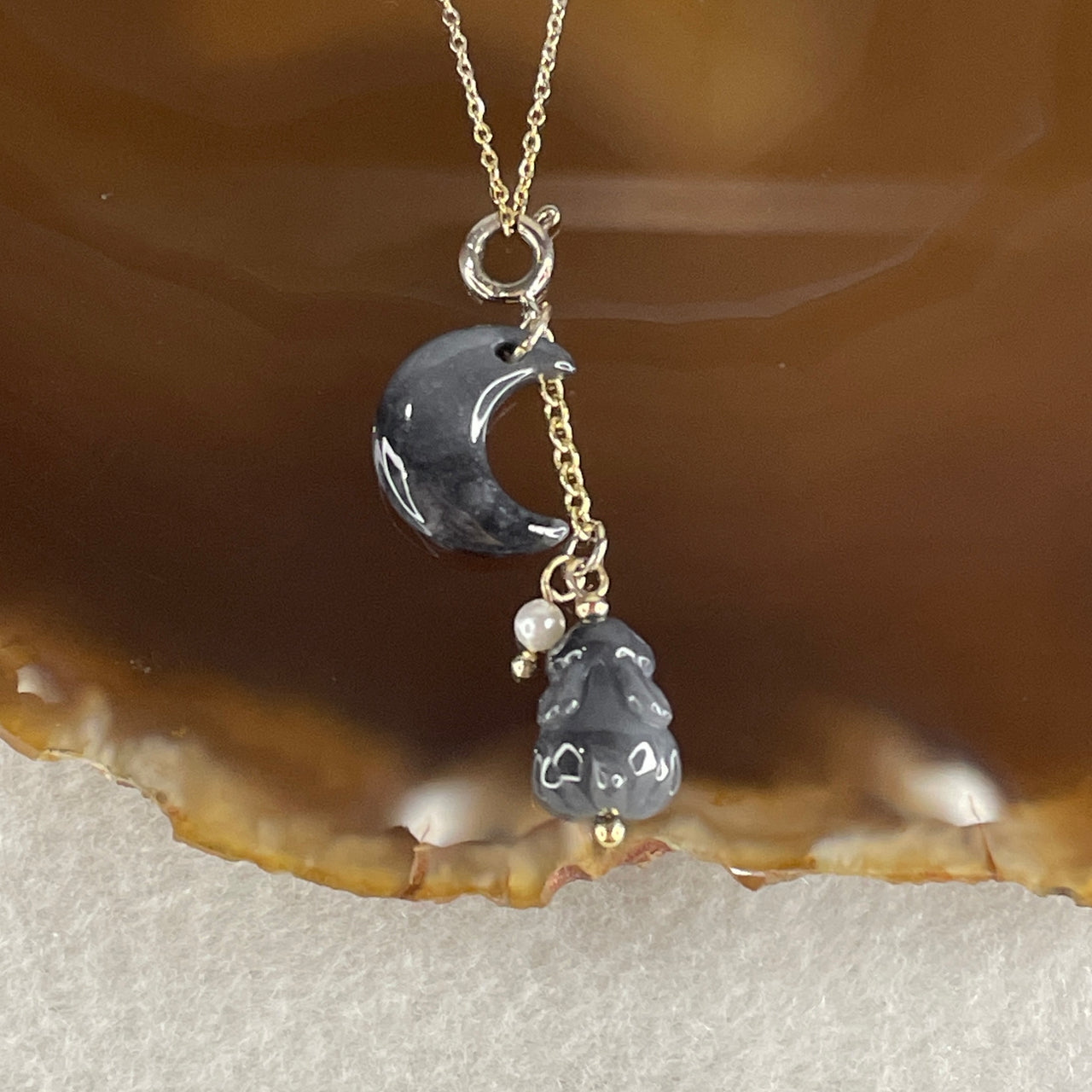 Natural Type A Wuji Grey Jadeite Rabbit with Moon in Gold Color Necklace 4.70g 14.7 by 5.2mm Moon - 12.8 by 9.2 by 9.1mm Rabbit - Huangs Jadeite and Jewelry Pte Ltd