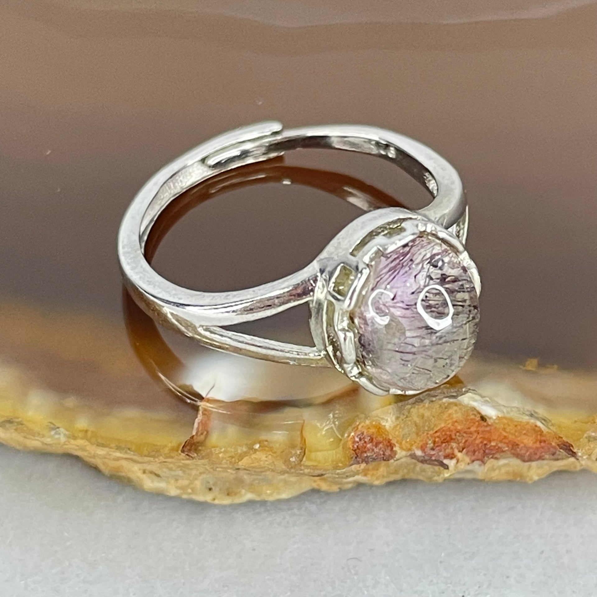 Average Grade Natural Super 7 Quartz in S925 Sliver Ring (Adjustable Size) 2.11g 8.8 by 7.7 by 5.0mm - Huangs Jadeite and Jewelry Pte Ltd