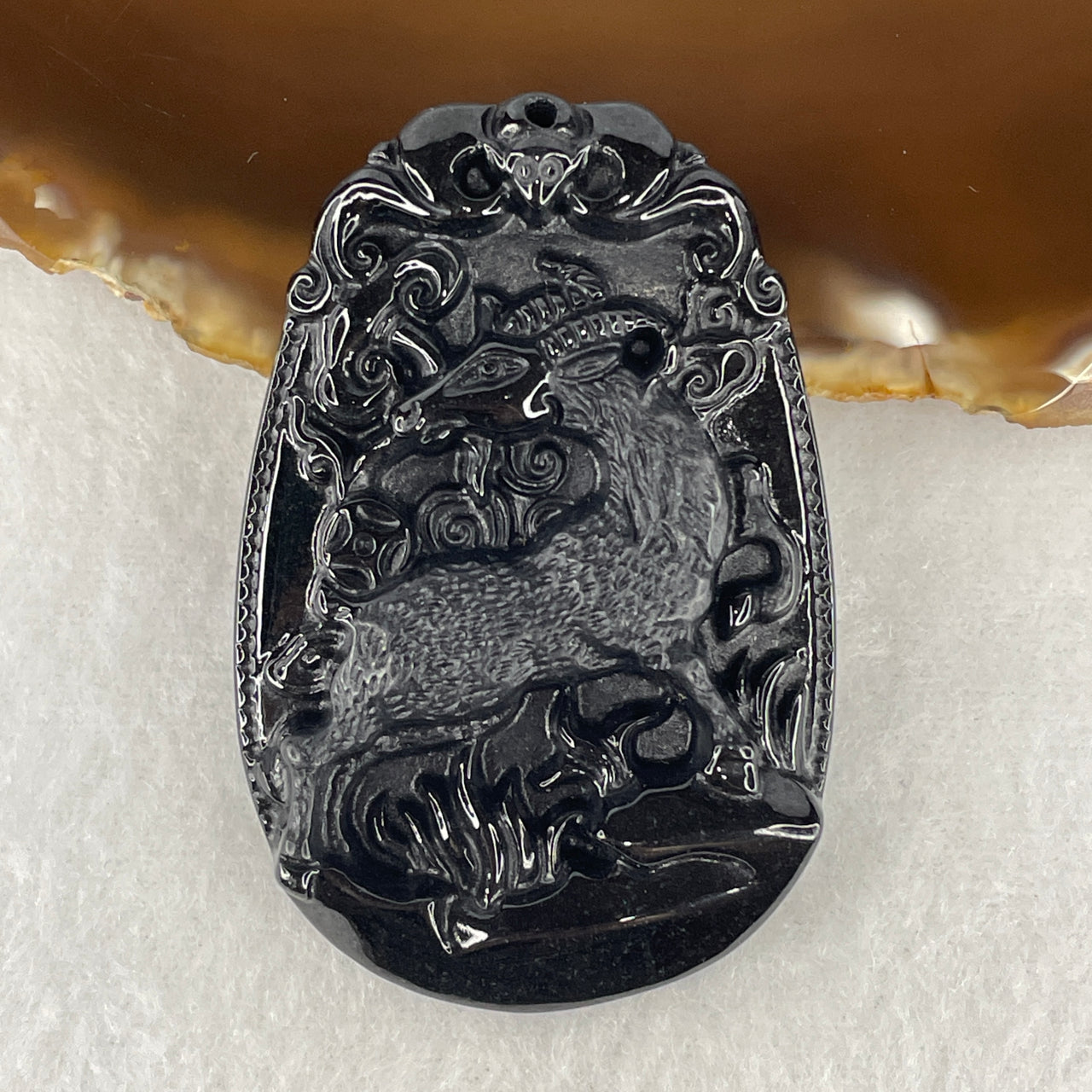 Certified Type A Opaque Black Omphacite Jadeite Goat with Bat Pendant | Prosperity & Goat Zodiac Protection Talisman (25.50g | 60.0 x 39.8 x 8.9mm)