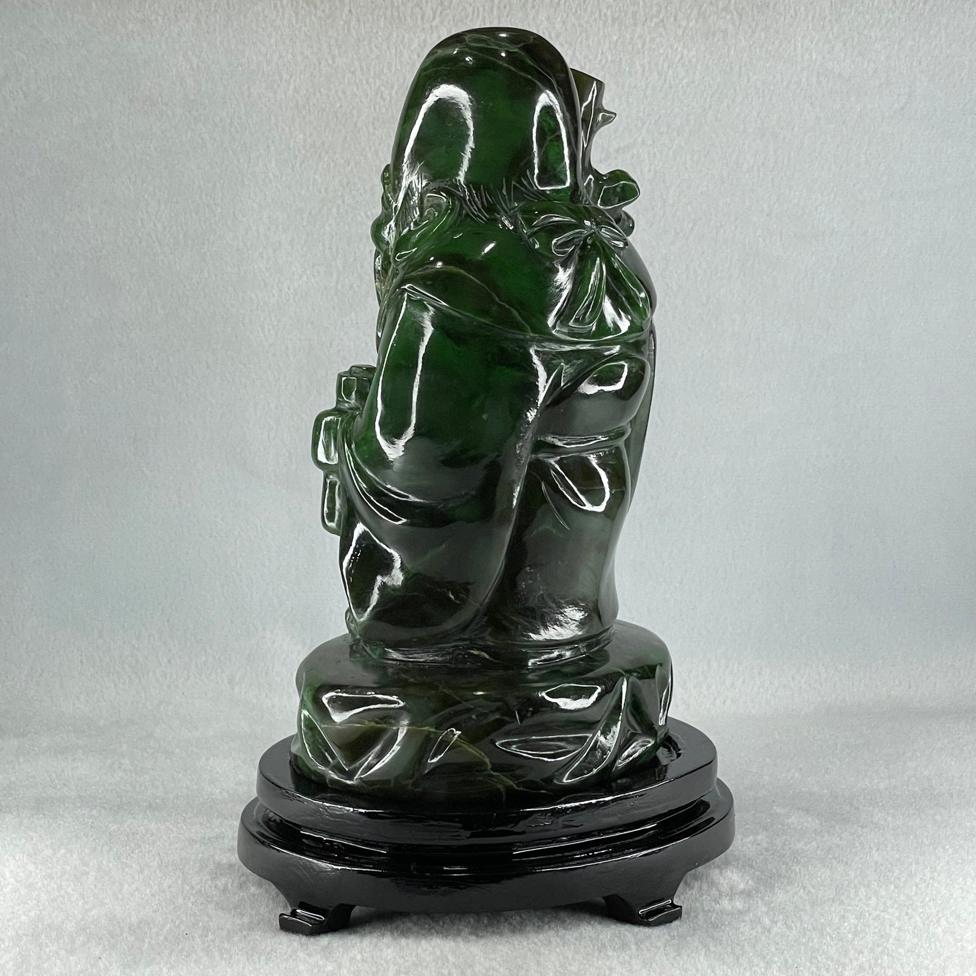 Natural Dark Green Serpentine Shou Xing Gong with Wooden Stand Display 2,374.7g 140.0 by 228.0 by 125.0mm - Huangs Jadeite and Jewelry Pte Ltd