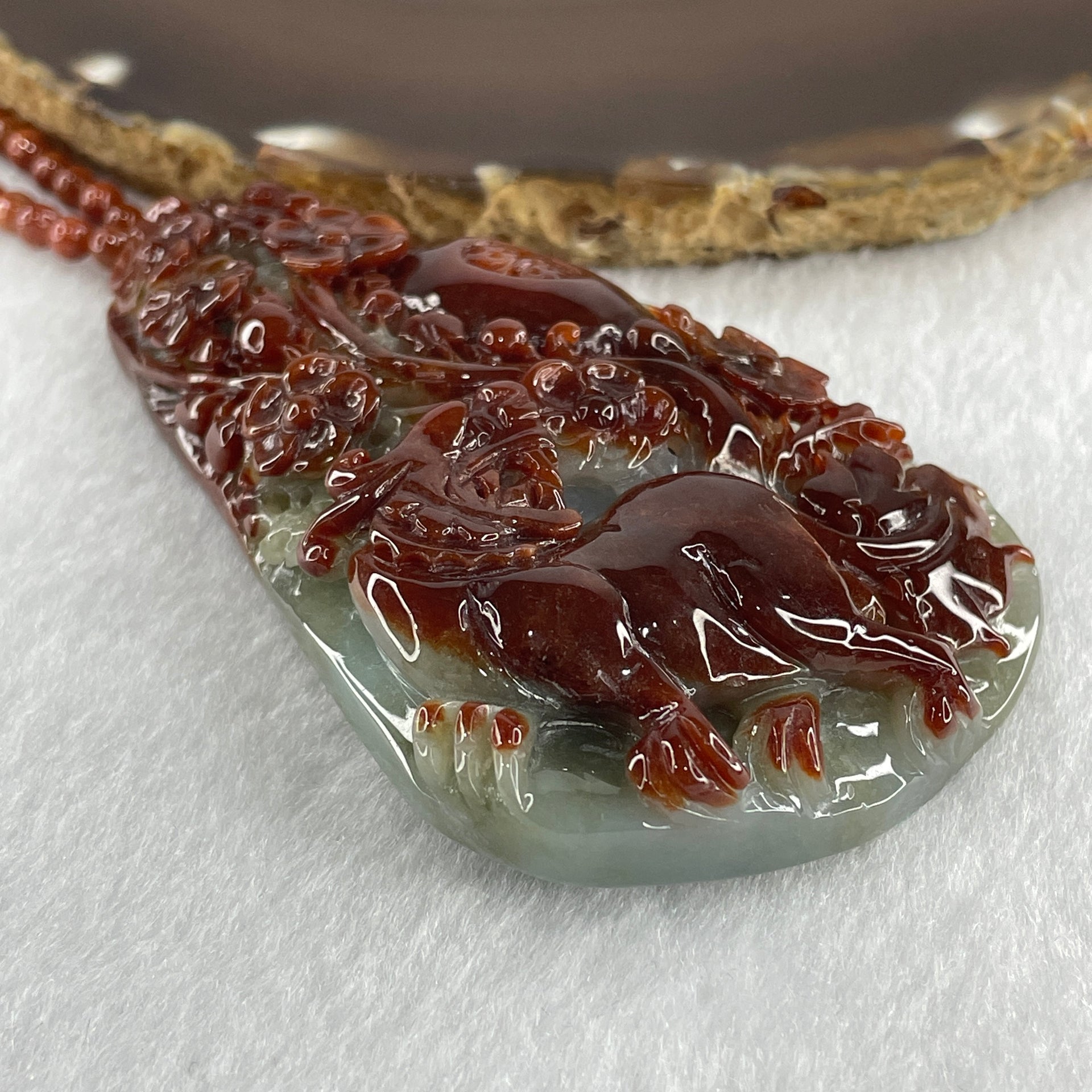Grand Master Type A Brownish Red with Green Jadeite Tiger with Flower Double Side Pendant 117.50g 84.0 by 54.6 by 16.9mm - Huangs Jadeite and Jewelry Pte Ltd