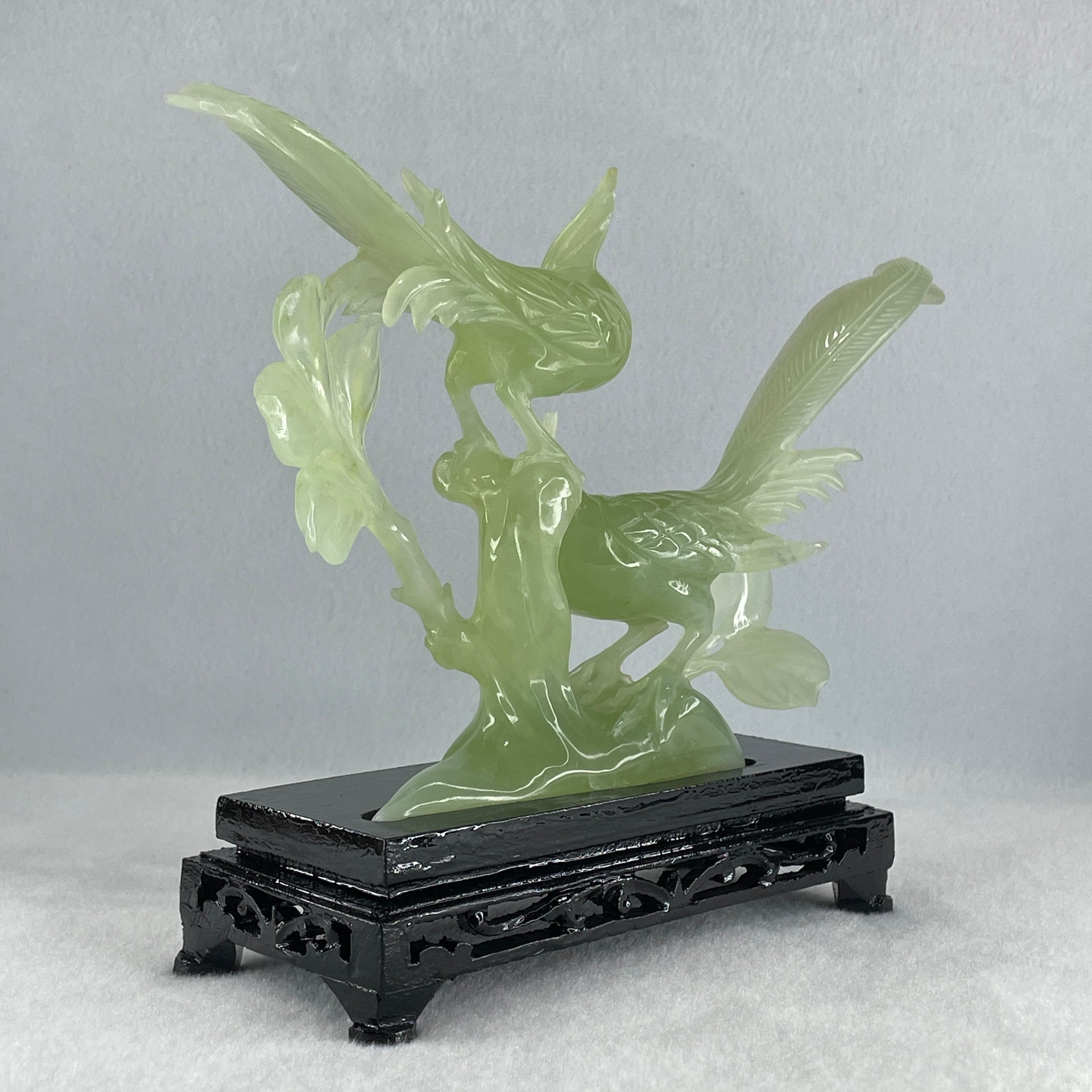Natural Green Serpentine Double Phoenix with Wooden Stand Display 411.1g 25.0 by 70.0 by 170.0mm - Huangs Jadeite and Jewelry Pte Ltd