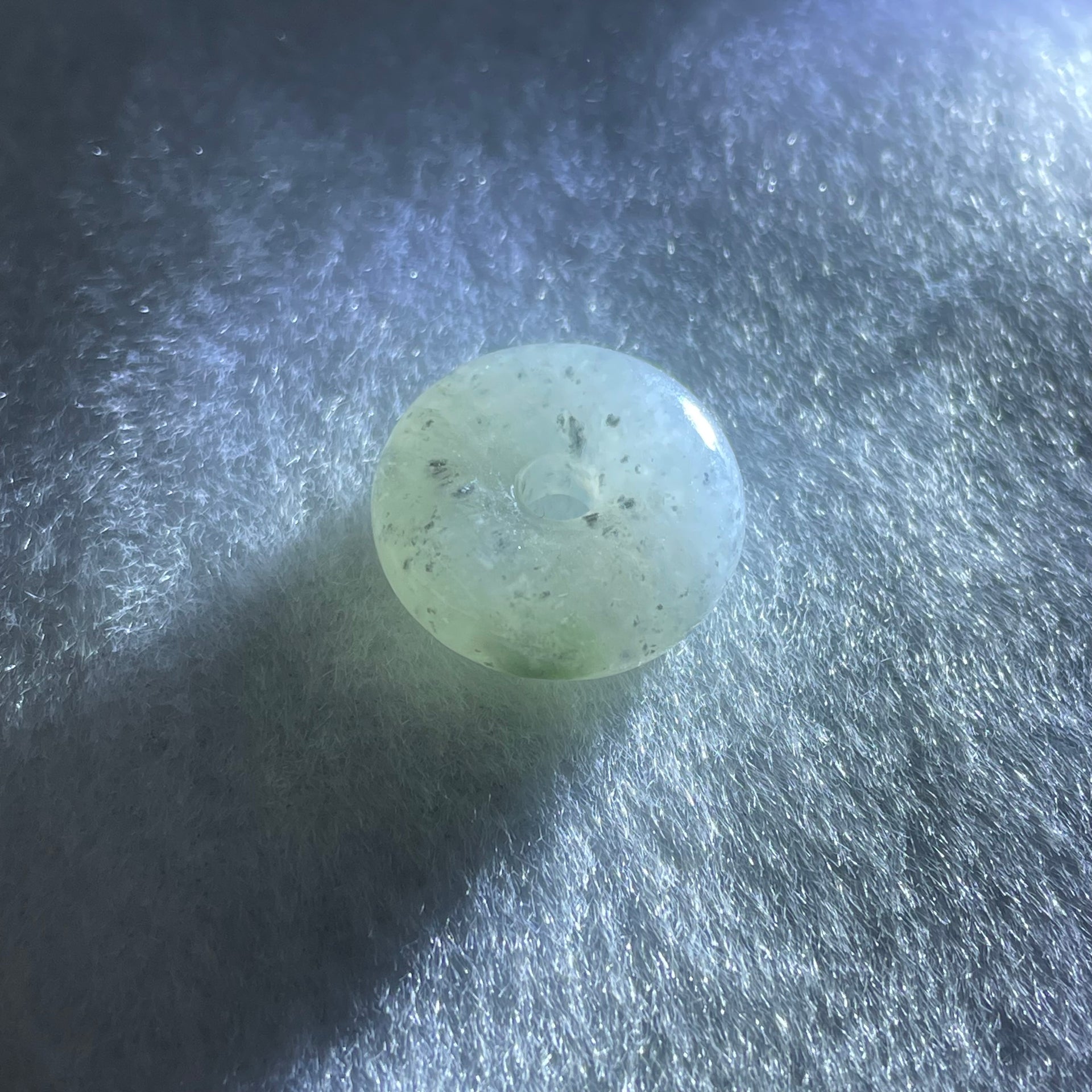 Type A Semi Icy Light Green With Wuji Grey Spots Jadeite Ping An Kou Donut Pendant 3.23g 16.1 by 6.2mm - Huangs Jadeite and Jewelry Pte Ltd