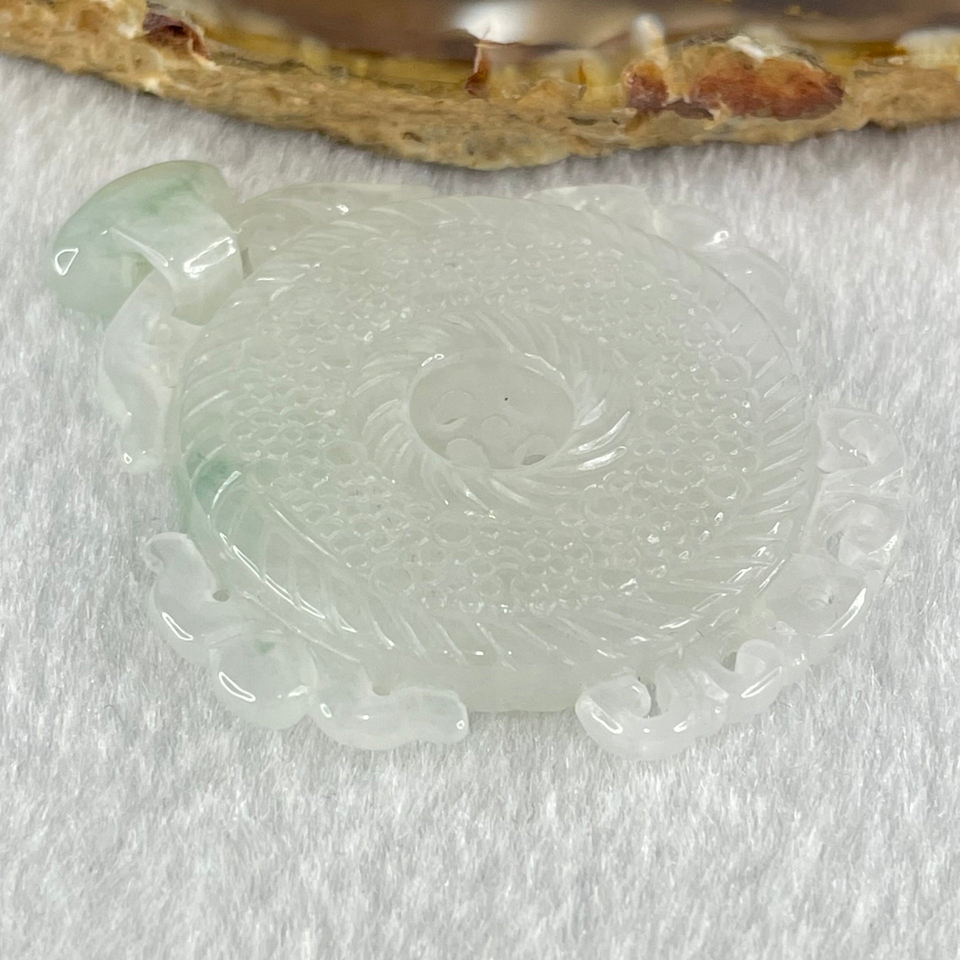 Type A Semi Icy White Jadeite Floral Ping An Kou Donut Pendant 19.53g 45.6 by 44.1 by 6.6mm - Huangs Jadeite and Jewelry Pte Ltd