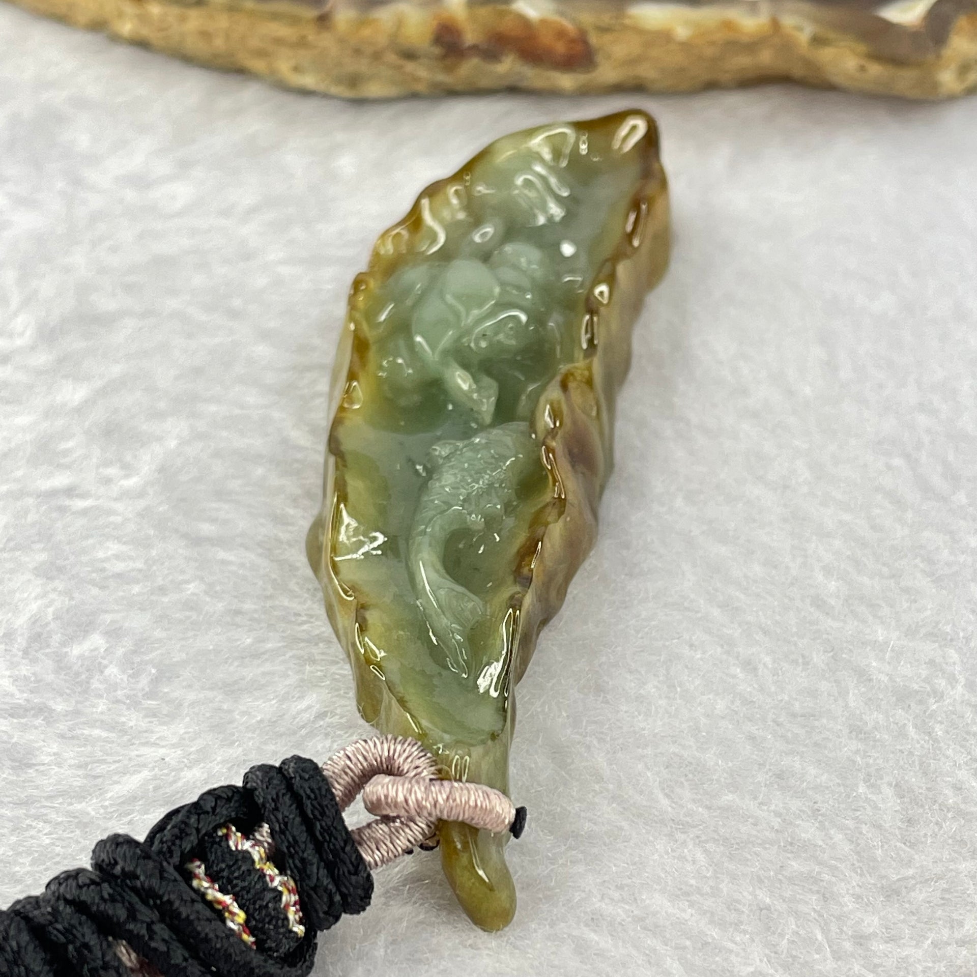 Type A Green and Brown Jadeite Lotus Flower and Koi Fish Pendent 21.41g 66.3 by 22.0 by 9.4mm - Huangs Jadeite and Jewelry Pte Ltd