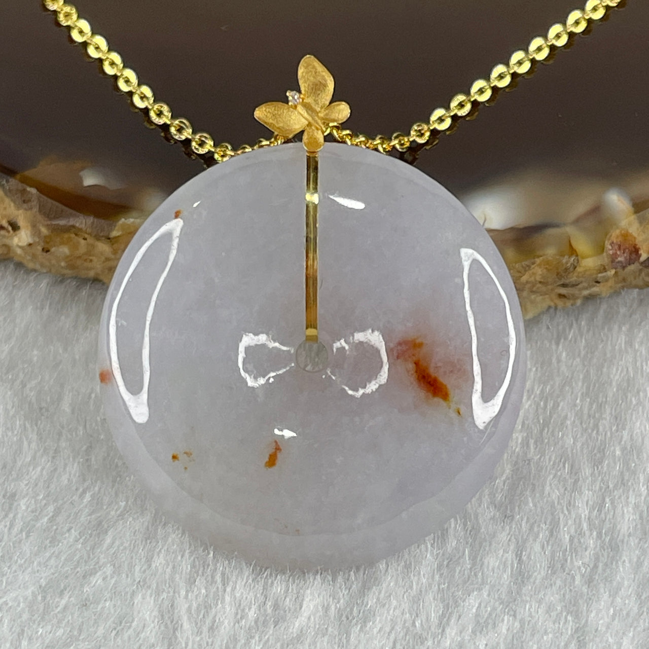 Certified Natural Type A Lavender with Red Spots Jadeite Ping An Kou Donut Pendant in 18K Yellow Gold Butterfly Clasp and 1 Diamond with Gold Color Necklace 9.22g 27.1 by 6.2mm