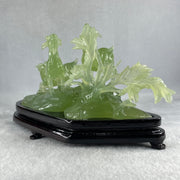 Natural Green Serpentine 3 Goat on Grassland with Wooden Stand Display 913.3g 215.0  by 102.2 by 130.0mm - Huangs Jadeite and Jewelry Pte Ltd