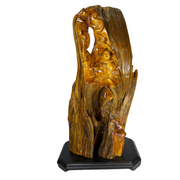 Natural Huang Hua Li Yellow Rosewood Milo Buddha with Money Bag and Ruyi Display with Wooden Stand 14,727.7g 410.0 by 280.0 by 750.0mm - Huangs Jadeite and Jewelry Pte Ltd