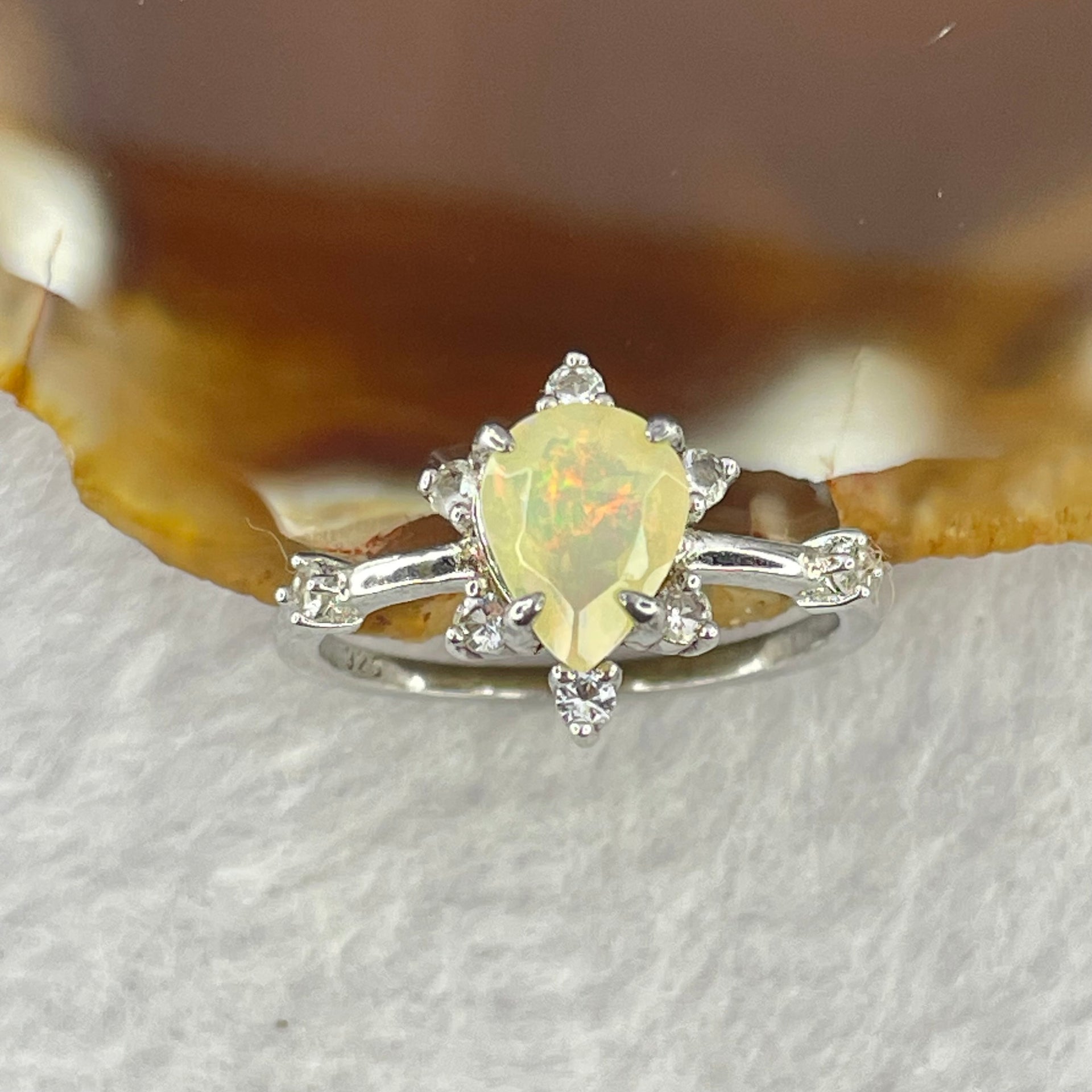 Natural Teardrop Opal 7.5 by 6.0 by 4.0mm with Crystals In S925 Sliver Ring (Adjustable Size) 1.79g - Huangs Jadeite and Jewelry Pte Ltd