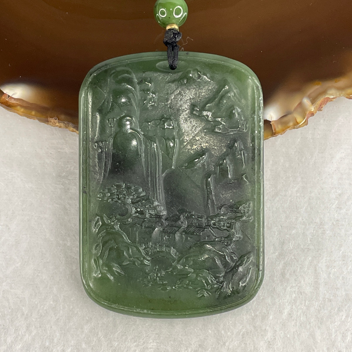 Natural Green Nephrite Shan Shui Landscape Pendant with Beads Necklace | Universal Harmony & Prosperity (87.58g | 42cm / 56 Beads | 59.2x41.0x7.8mm)