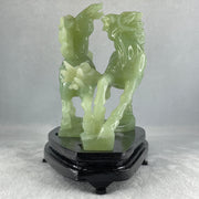 Natural Green Serpentine Double Victory Horses with Wooden Stand Display 1,339.7g 198.0 by 193.0 by 120.0mm - Huangs Jadeite and Jewelry Pte Ltd