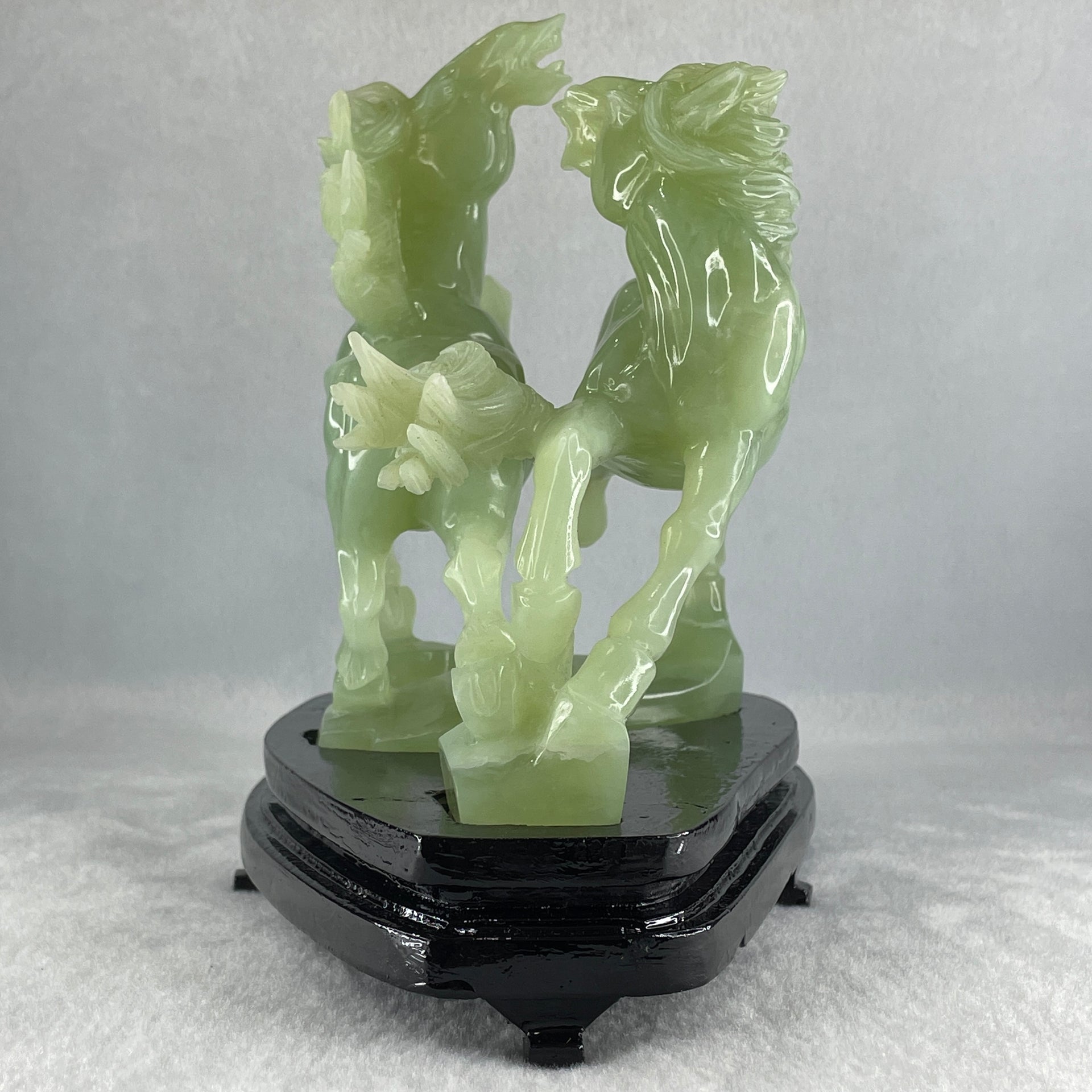 Natural Green Serpentine Double Victory Horses with Wooden Stand Display 1,339.7g 198.0 by 193.0 by 120.0mm - Huangs Jadeite and Jewelry Pte Ltd