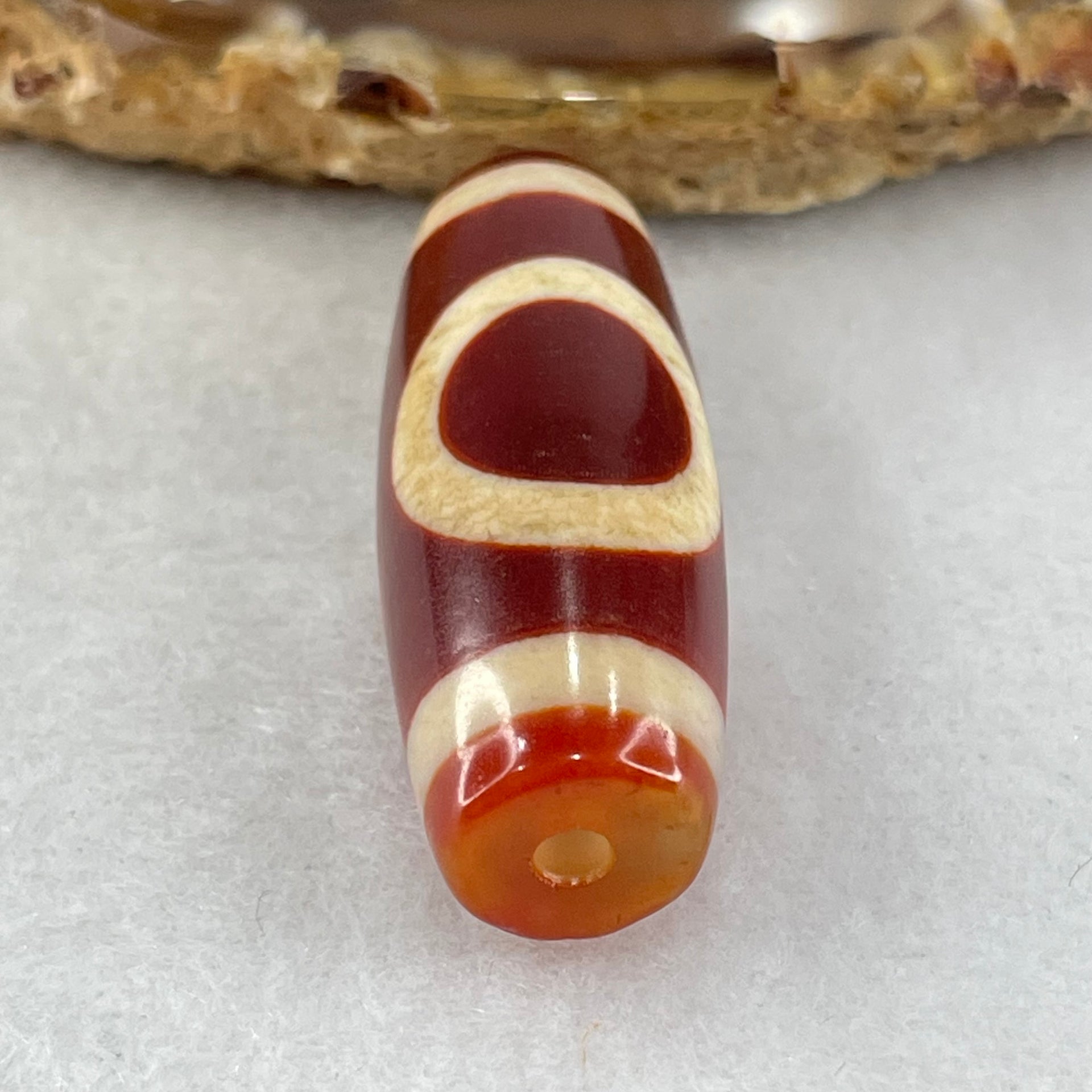 Natural Powerful Tibetan Old Oily Red White Agate One Eye Fire Sign Dzi Bead Heavenly Master (Tian Zhu) 一眼火天珠 10.71g 37.6 by 13.4mm - Huangs Jadeite and Jewelry Pte Ltd
