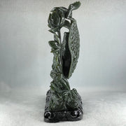 Natural Dark Green Serpentine Double Carp Fish with Gui ren and Lotus and Twin Ducks with Wooden Stand Display 2,032.7g 242.0 by 95.0 by 263.0mm - Huangs Jadeite and Jewelry Pte Ltd