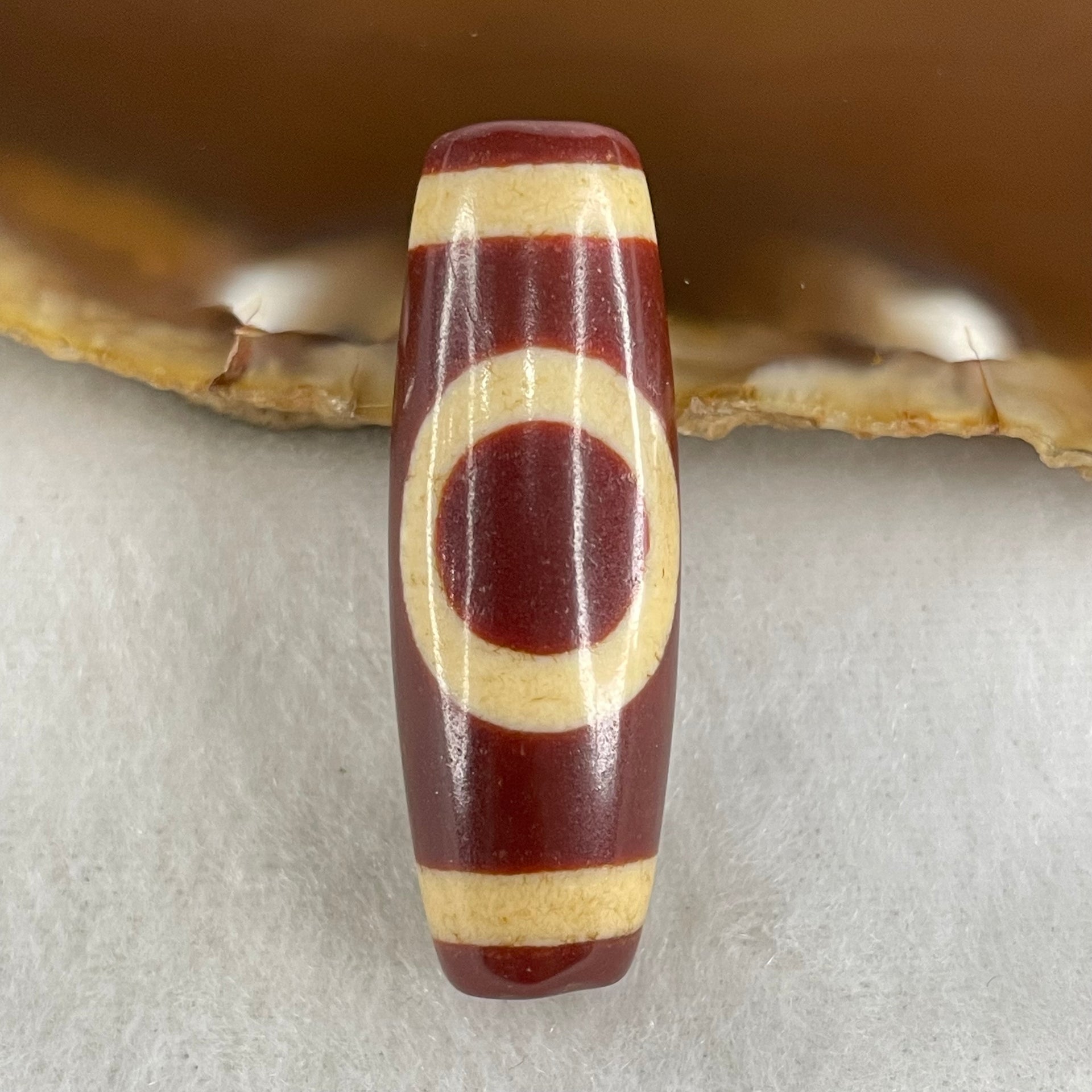 Natural Powerful Tibetan Old Oily Red White Agate One Eye Gold Metal Element Dzi Bead Heavenly Master (Tian Zhu) 一眼金天珠 10.23g 37.9 by 13.3mm - Huangs Jadeite and Jewelry Pte Ltd