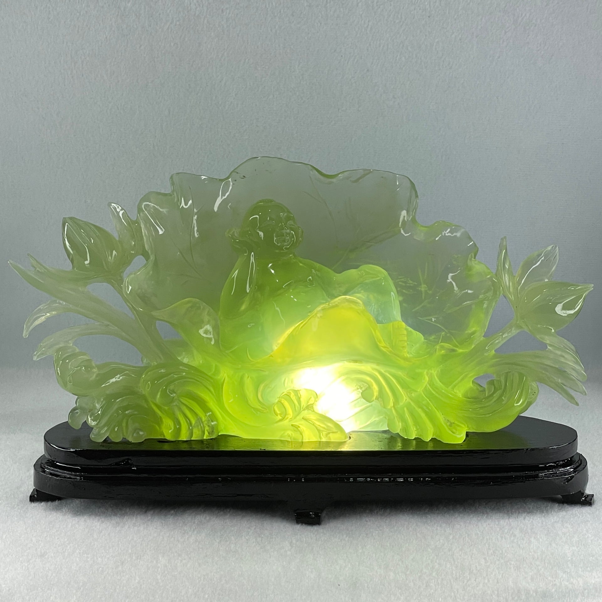 Natural Semi Icy Green Serpentine Tong Zhi on Lotus Leaf and Lotus Flower with Wooden Stand Display 1,458.5g L270.0 by B96.0 by H158.0mm - Huangs Jadeite and Jewelry Pte Ltd