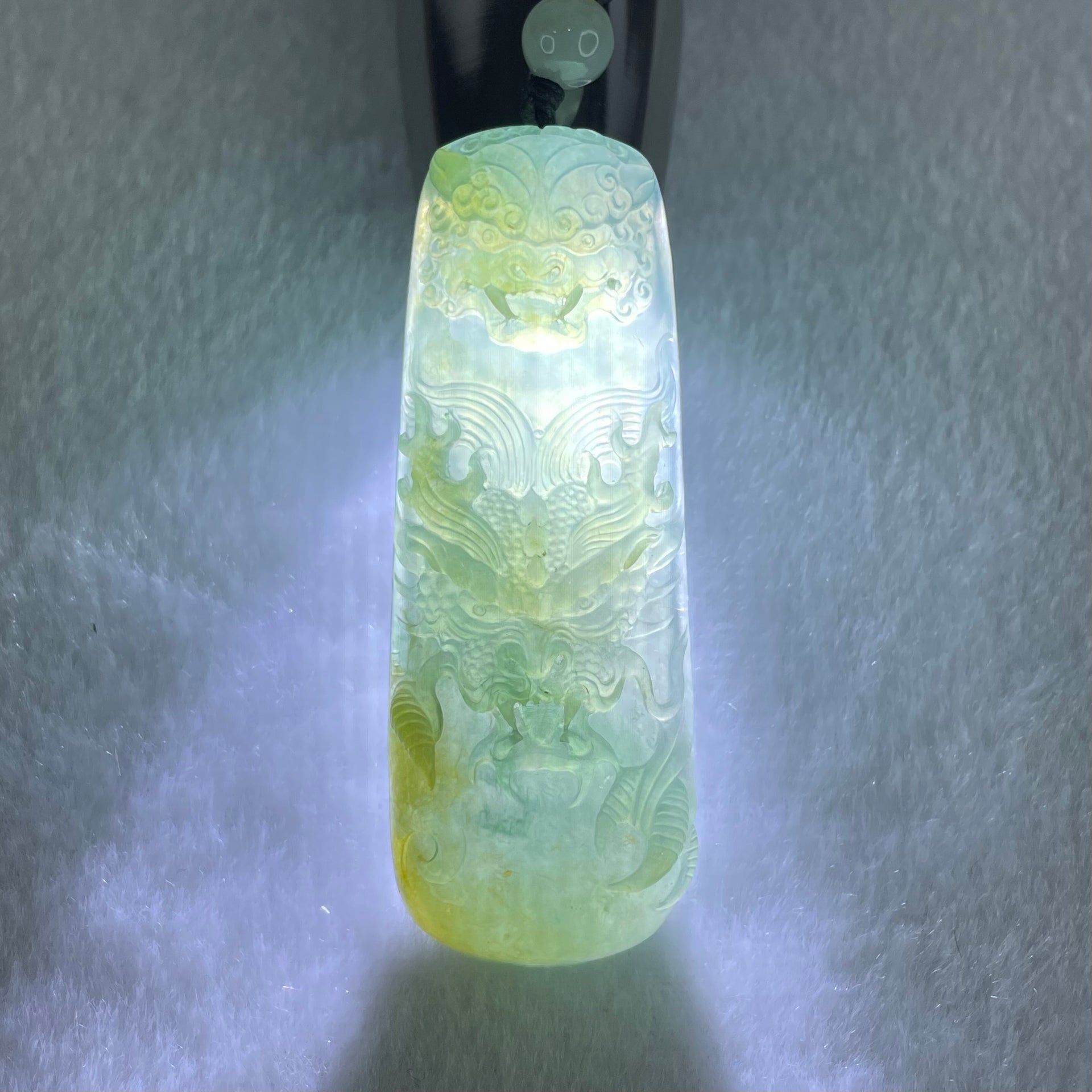 Grandmaster Type A Icy Blueish Green Jadeite Fu Gou on Dragon Pendant 30.95g 68 by 25 by 9.3mm - Huangs Jadeite and Jewelry Pte Ltd