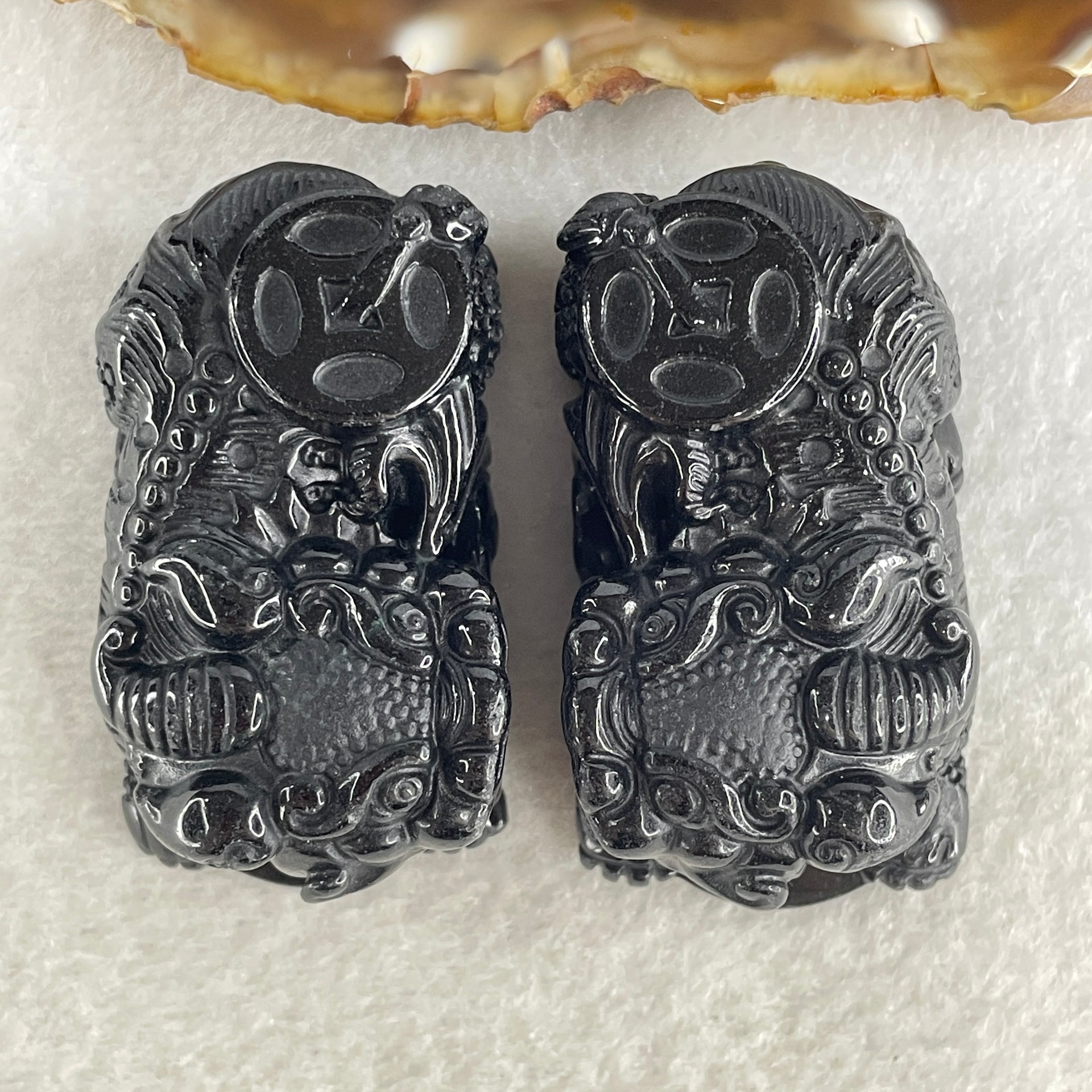 Certified Natural Type A Black Omphacite Jadeite Pixiu pair Pendant Each About 63.02g 51.2 by 29.4 by 21.0mm And 64.42g 48.5 by 28.1 by 22.7mm - Huangs Jadeite and Jewelry Pte Ltd