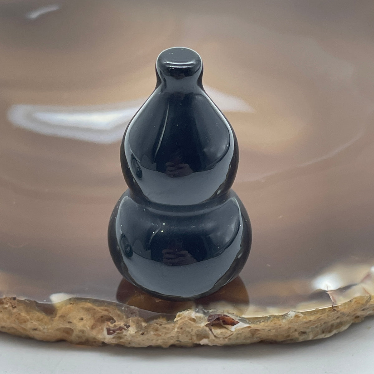 Natural Black Obsidian Hulu Mini Display | (19.21g | 38.2 x 22.5mm Dimensions | Root Chakra Synergy, "Fu Lu" Health & Longevity Anchor, Psychic Shield & Mindful Feng Shui Protection Catalyst)