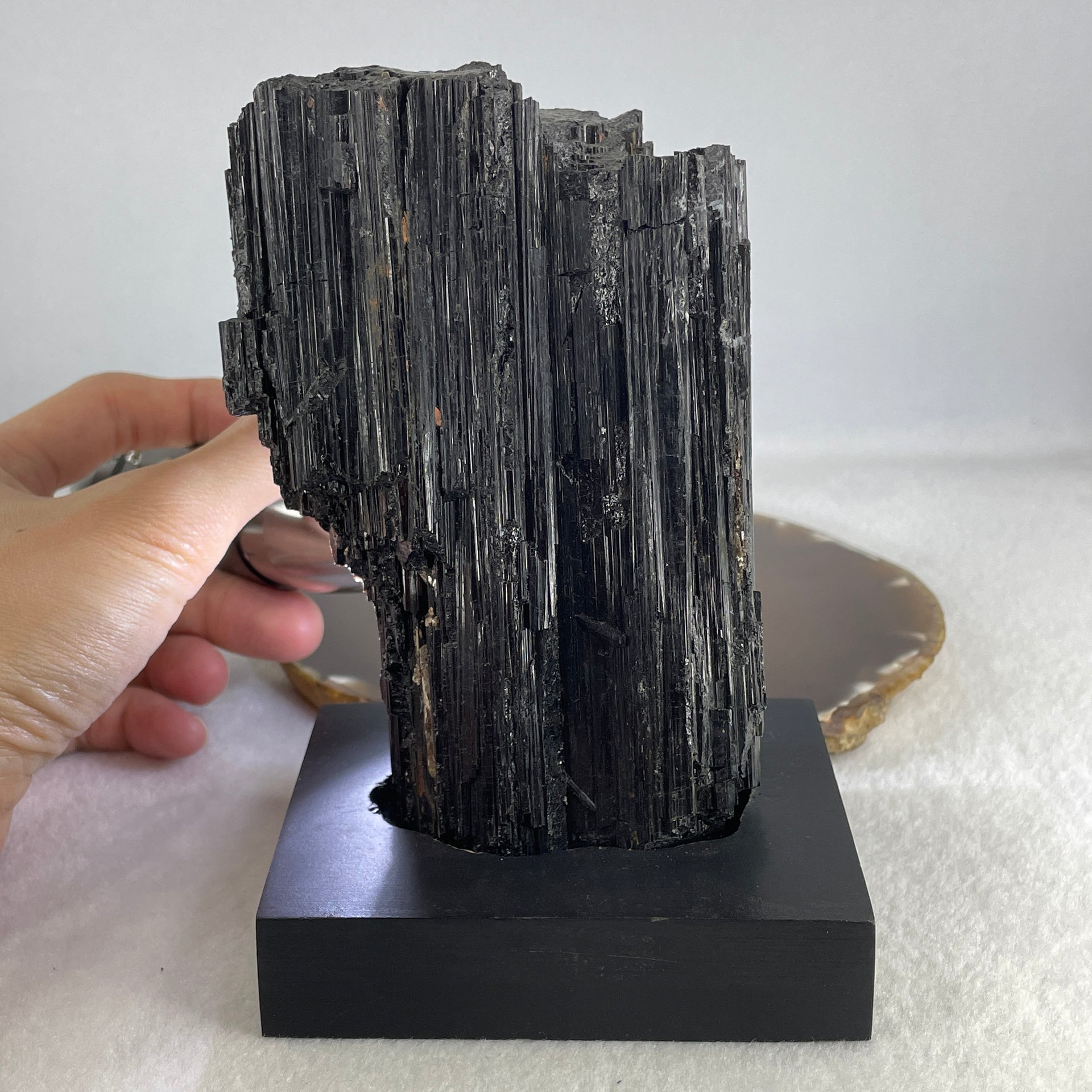 Natural Black Tourmaline Display with Wooden Stand 849.37g 94.6 by 74.8 by 135.0mm - Huangs Jadeite and Jewelry Pte Ltd
