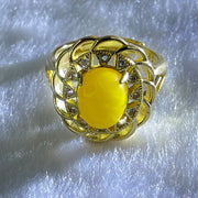 Natural Butterscotch Amber With Crystals in S925 Sliver Gold Color Ring (Adjustable Size) 3.68g 9.6 by 7.2 by 6.0mm - Huangs Jadeite and Jewelry Pte Ltd