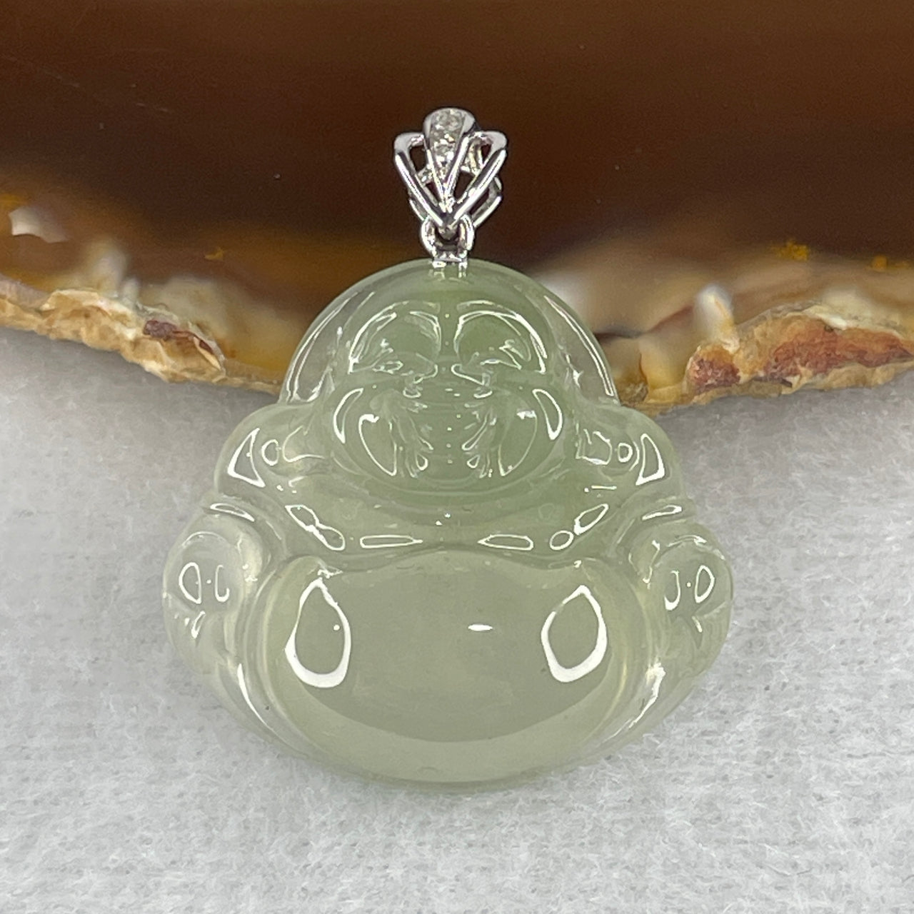 18K 750 White Gold Type A Icy Light Green Jadeite Milo Buddha with Diamonds Pendant 6.71g 26.6 by 28.0 by 6.0mm - Huangs Jadeite and Jewelry Pte Ltd