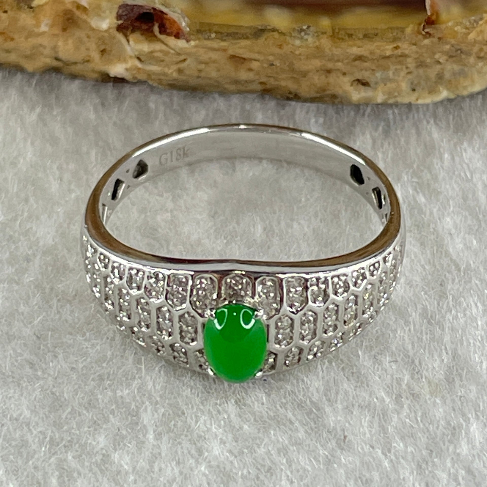 Type A Natural Light Apple Green Jadeite on 18K White Gold and Diamond Ring 2.73g 5.1 by 3.6 by 2.5mm US 7.4 HK 16.4 - Huangs Jadeite and Jewelry Pte Ltd