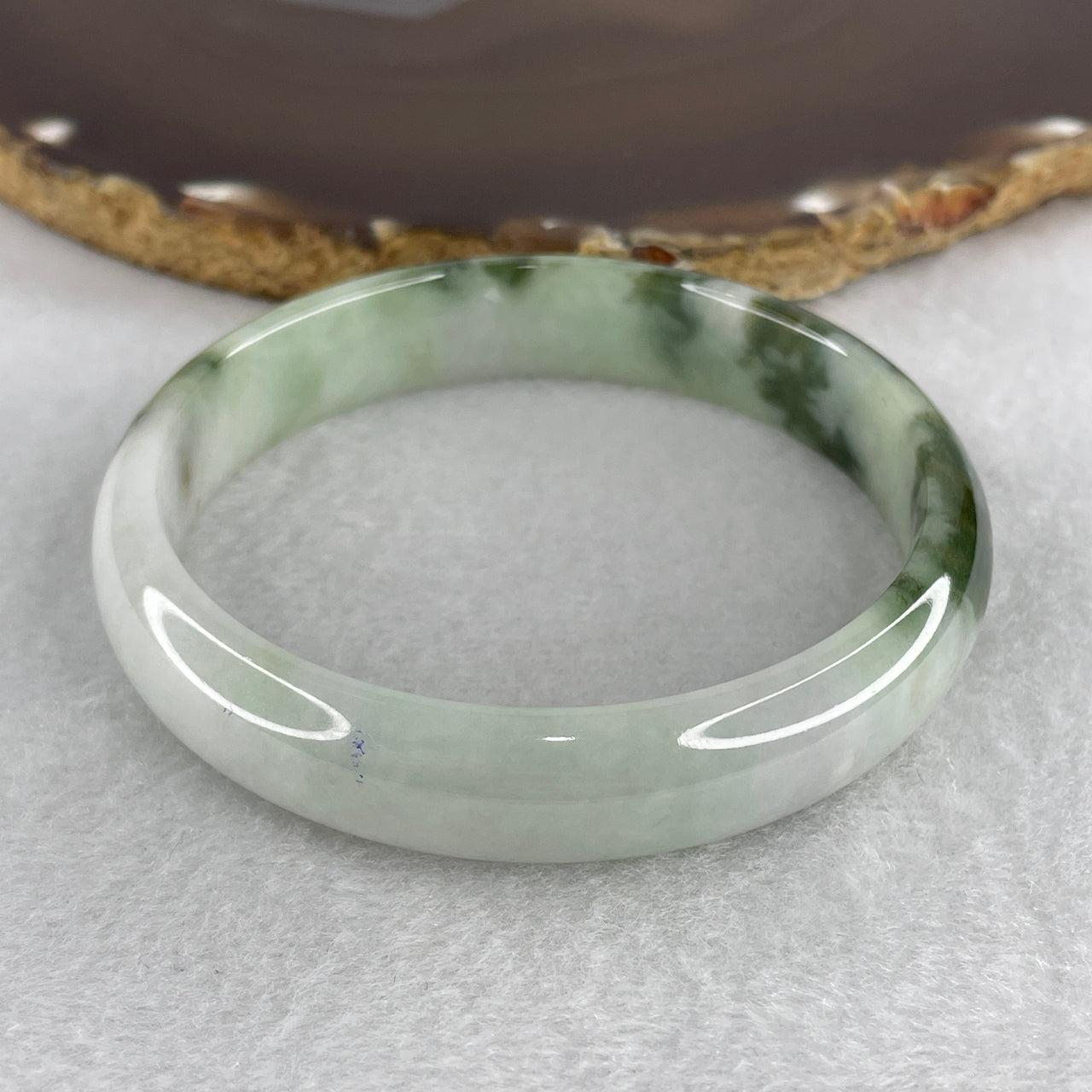 Genuine Type A Jadeite Bangle 59.9mm Inner Diameter - Light Green Jade with Dark Moss Green Floating Flowers (Piao Hua) - 45.36g Natural Jadeite Jewelry 12.5x6.6mm (Slight Internal Lines)