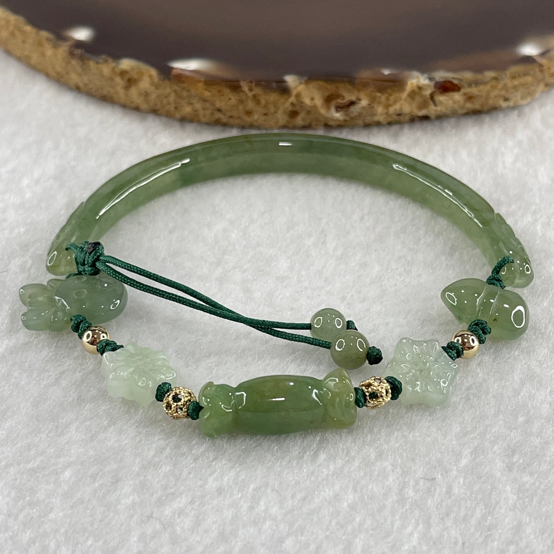Natural Type A Semi Icy Full Green Jadeite Double Dragon Head with Candy and Snow Man Charm Bracelet 15.89g 16cm 6.2 by 6.4mm - Huangs Jadeite and Jewelry Pte Ltd