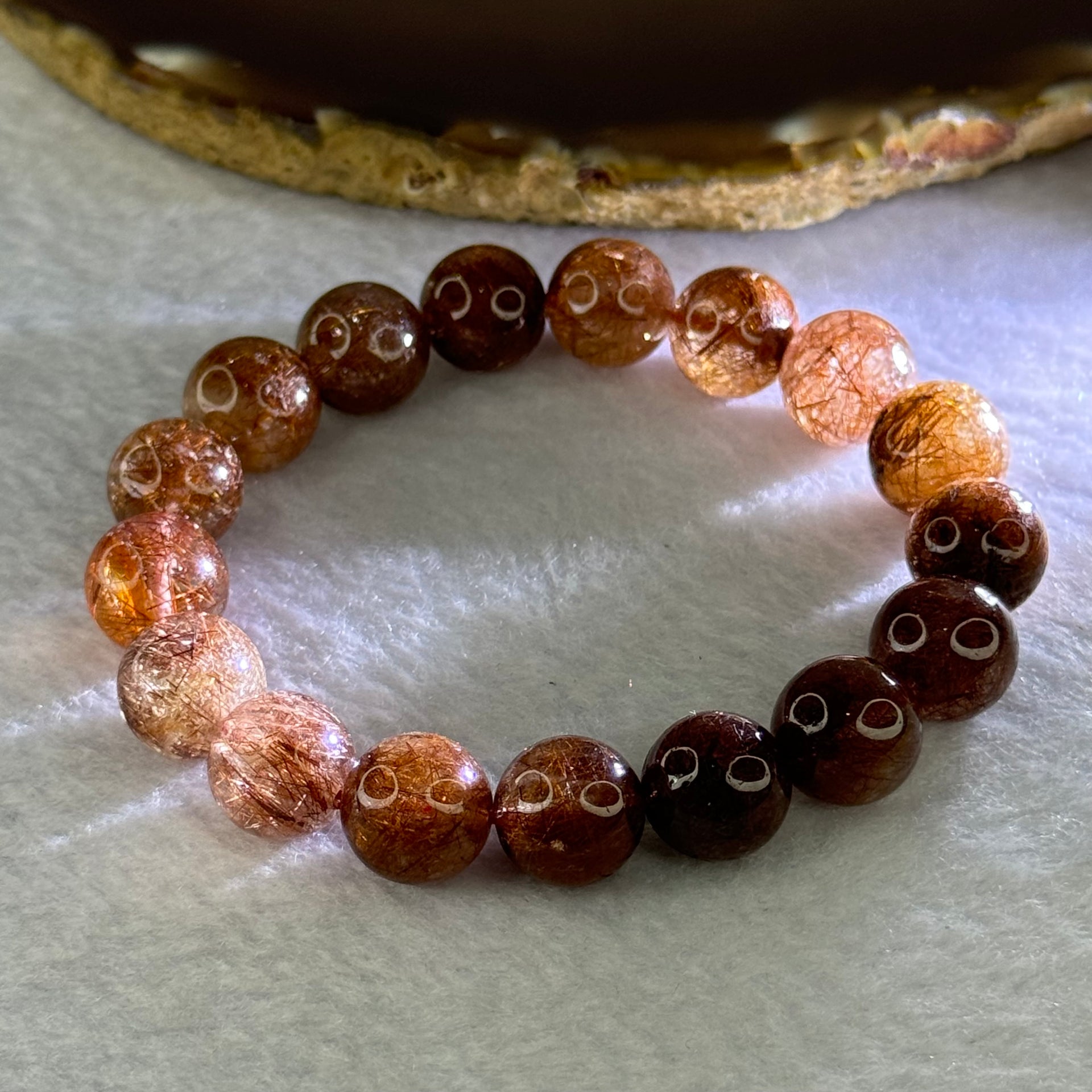Natural Copper Rutilated Quartz Beads Bracelet 天然銅髮晶手镯 37.22g 17cm 11.8mm 17 Beads - Huangs Jadeite and Jewelry Pte Ltd