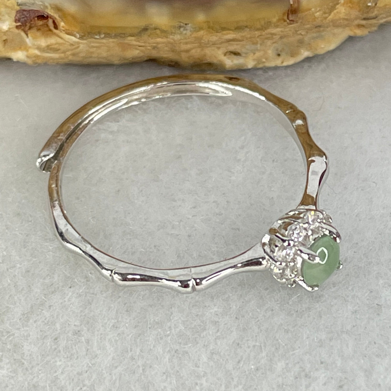 Type A Semi Icy Green Cabochon Jadeite in S925 Sliver Bamboo Ring (Adjustable Size) 0.97g 3.7 by 2.8mm - Huangs Jadeite and Jewelry Pte Ltd