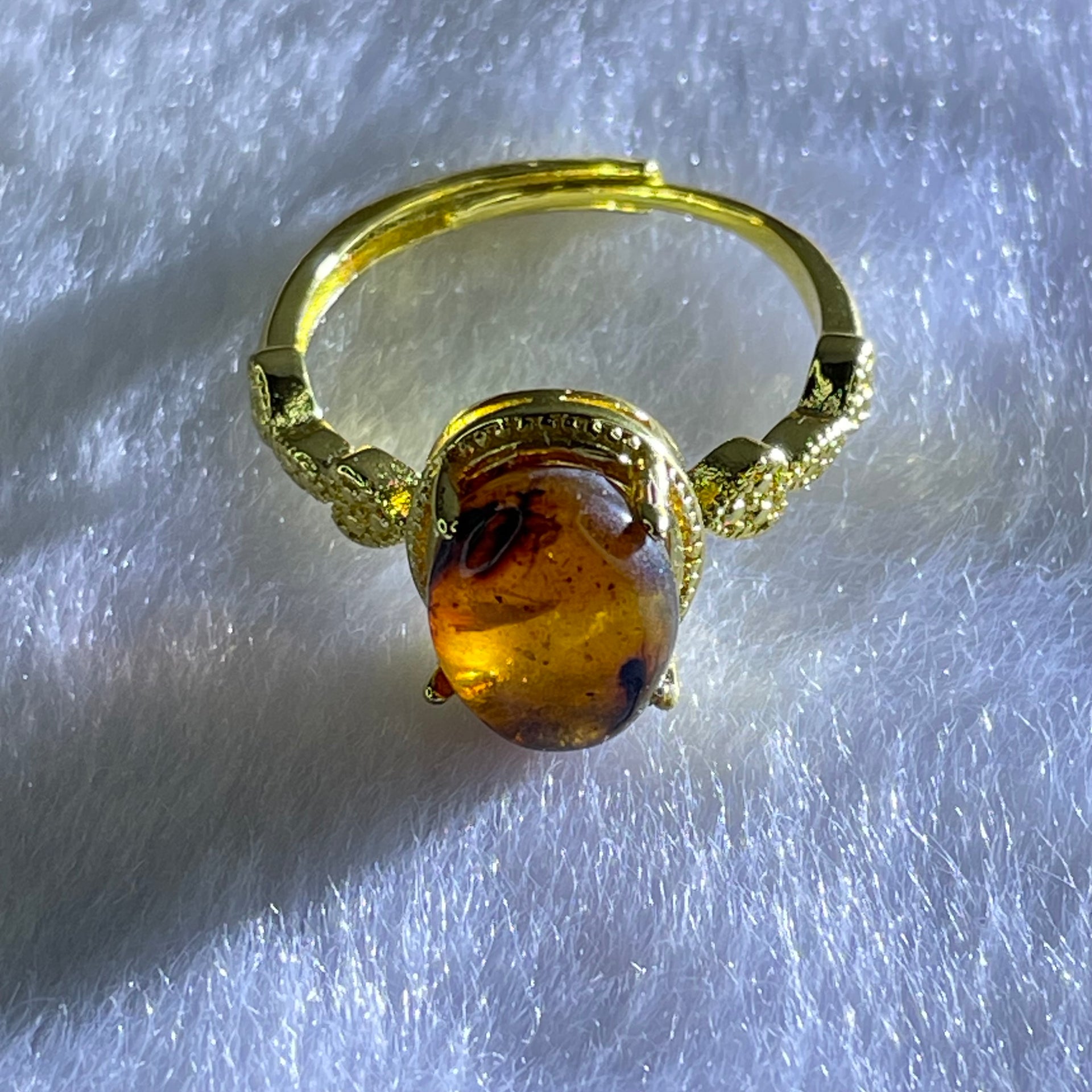Natural Cognac Amber in S925 Silver Gold Color Ring 1.86g 10.0 by 7.7 by 5.0mm - Huangs Jadeite and Jewelry Pte Ltd