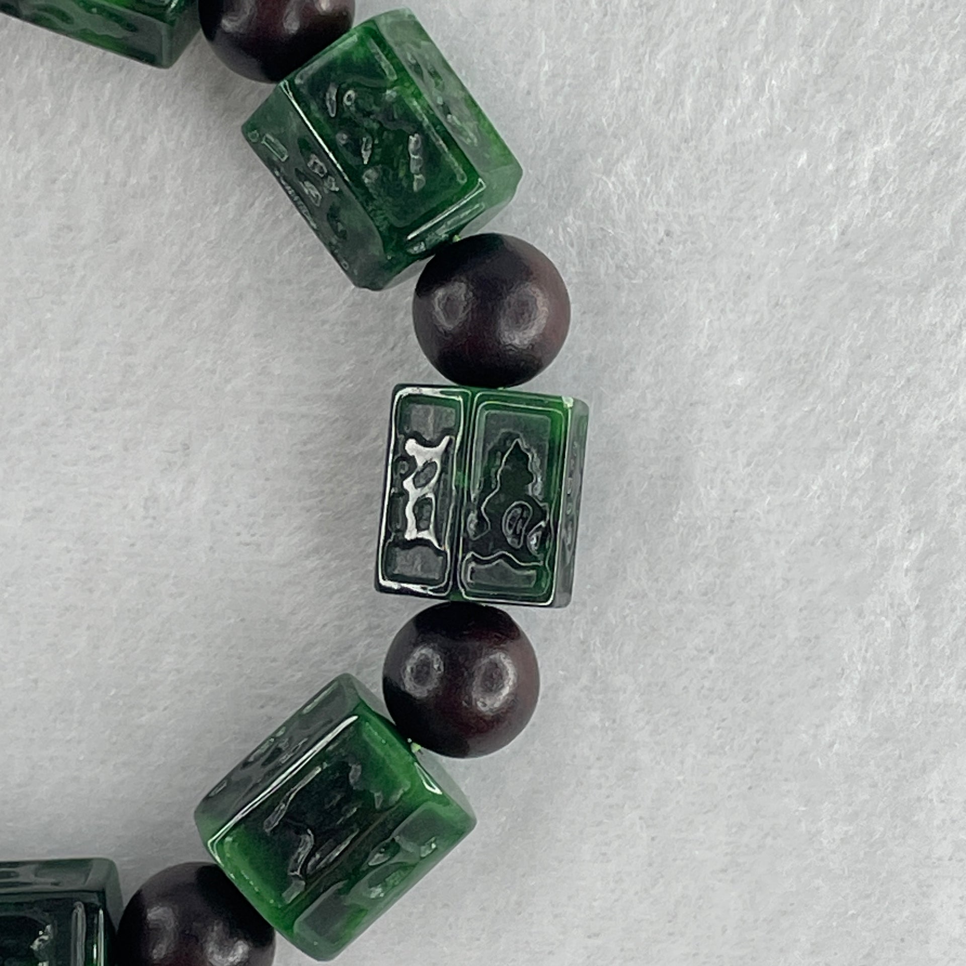 Type A Old Mine Spicy Green Jadeite Om Mani Padme Hum Barrel with Wood Beads Bracelet 55.97g 18cm 12.2 by 13.8mm - Huangs Jadeite and Jewelry Pte Ltd